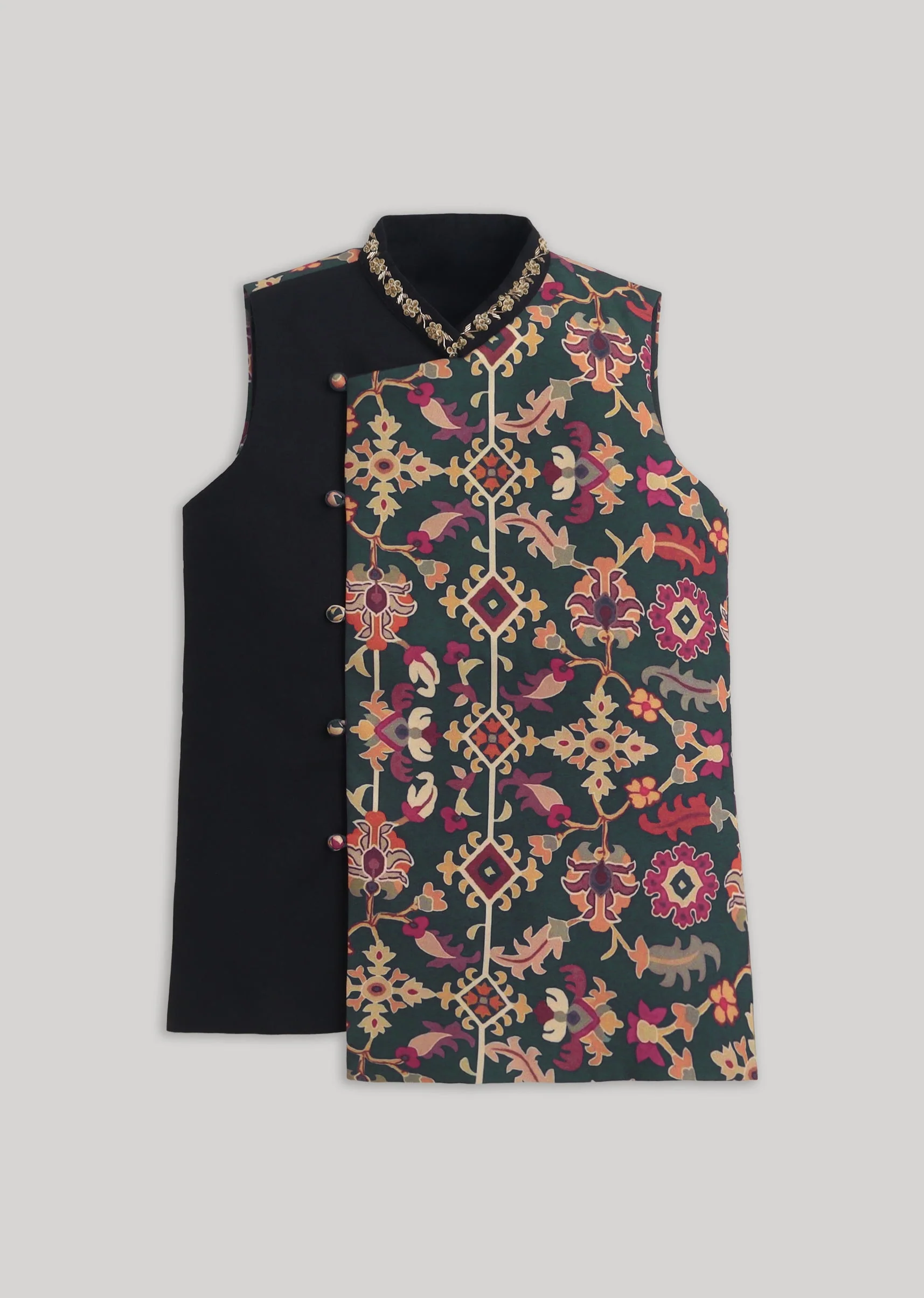 Black Cotton Kurta Jacket Set With Floral Embroidered Nehru Jacket - Image 6