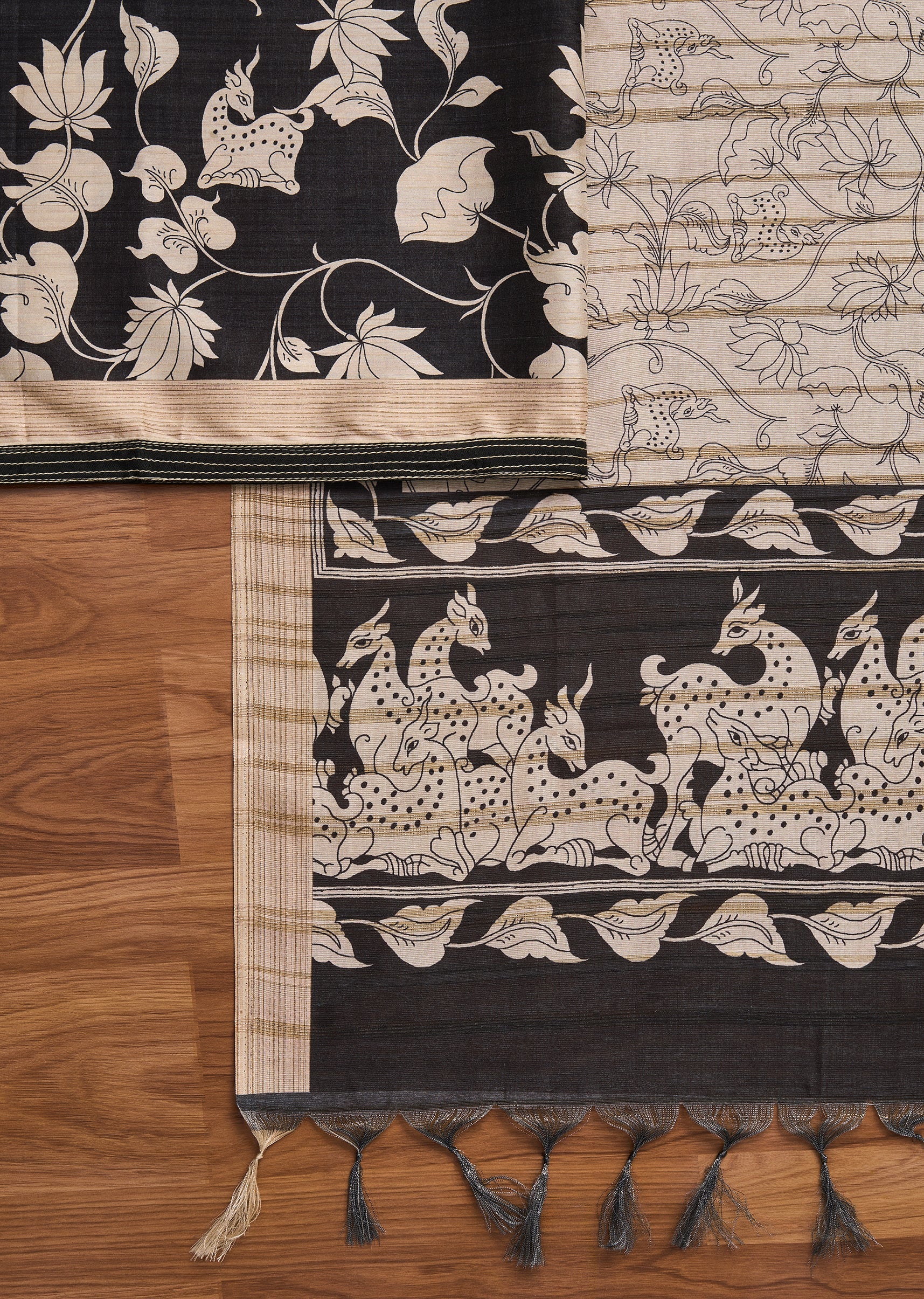 Black Cotton Printed Unstitched Suit And Dupatta and Bottom Fabric - Image 3