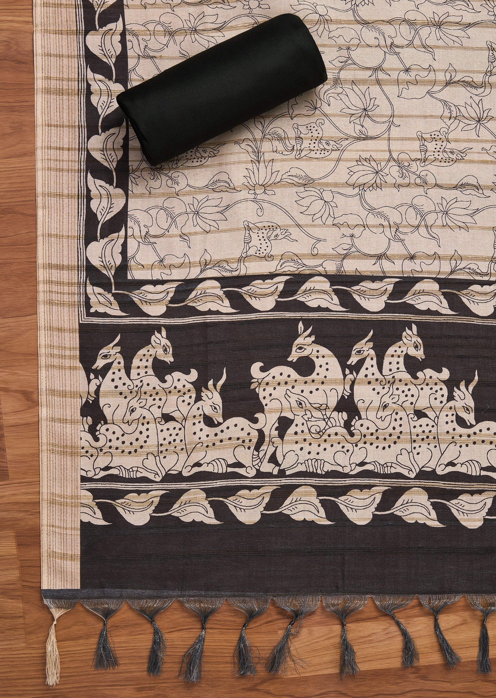 Black Cotton Printed Unstitched Suit And Dupatta and Bottom Fabric - Image 4