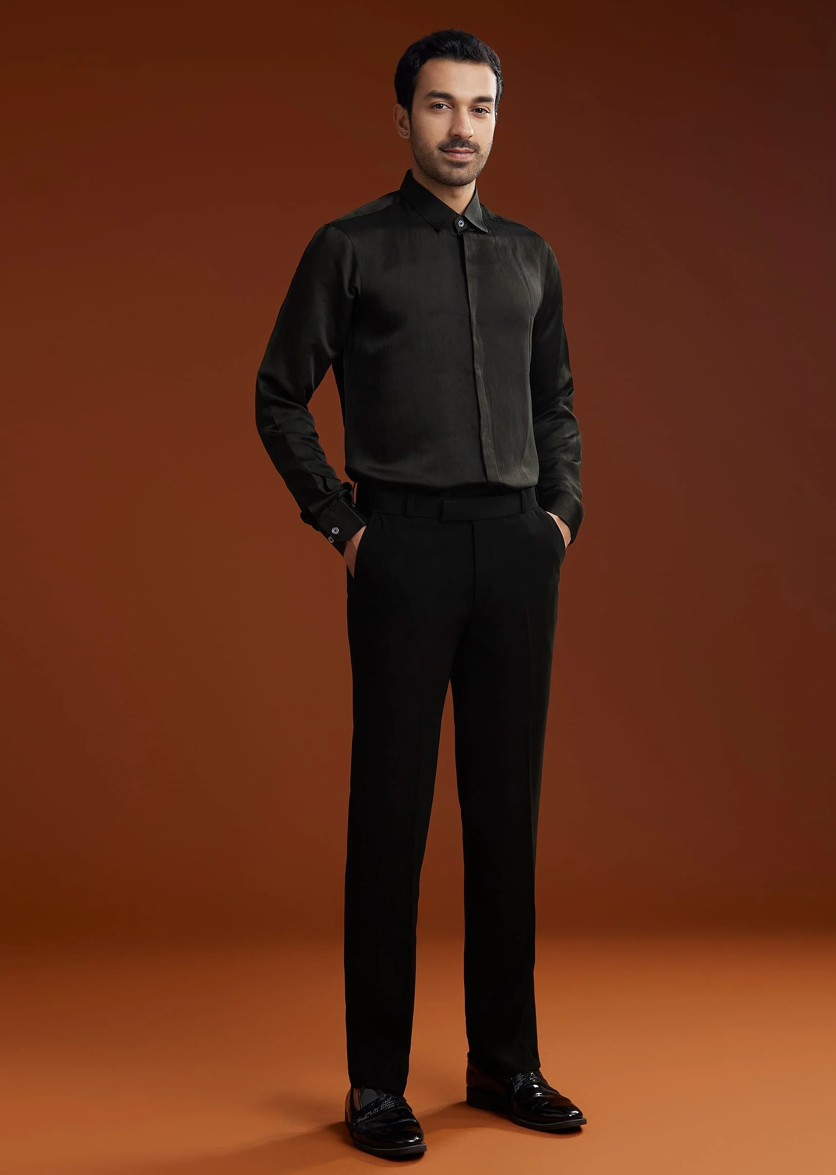 Black Cotton Satin Suit Set With Hand Embroidery - Image 6