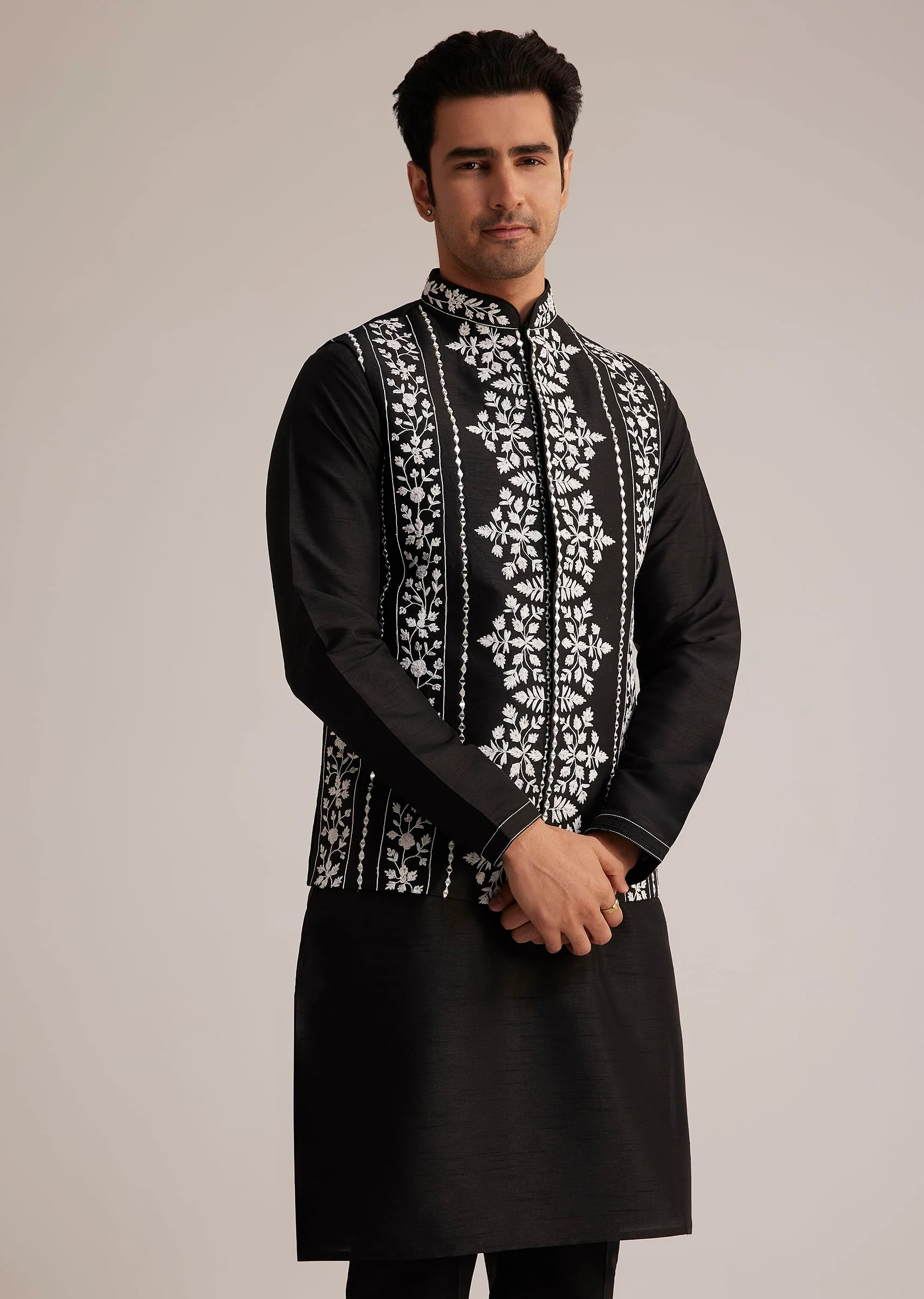 Black Cotton Silk Embroidered Jacket Kurta Set - Image 4