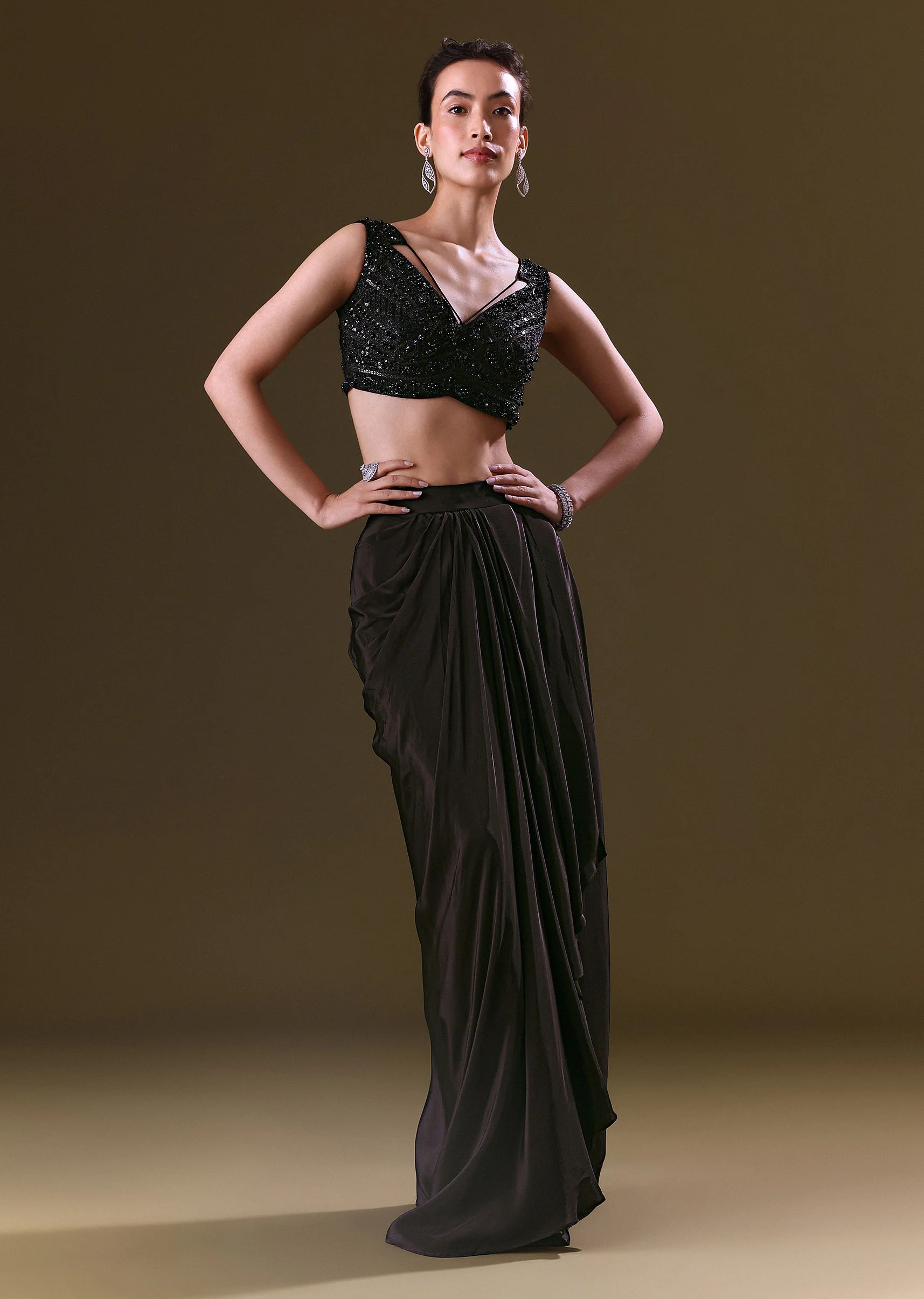 Black Crepe Drape Skirt Choli And Tulle Cape Set - Image 6
