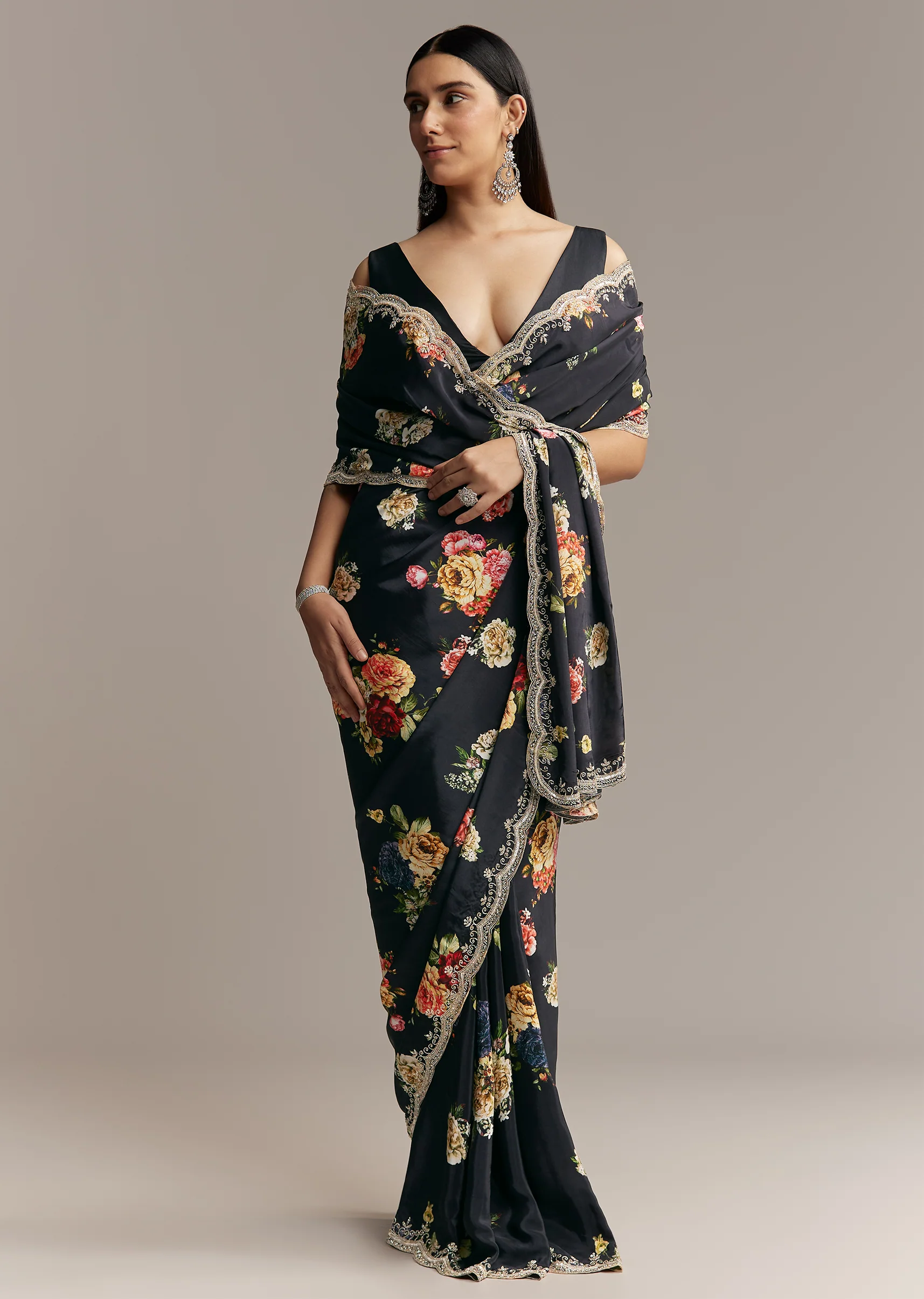 Black Crepe Saree With Floral Digital Print And Sequin Border - Image 3