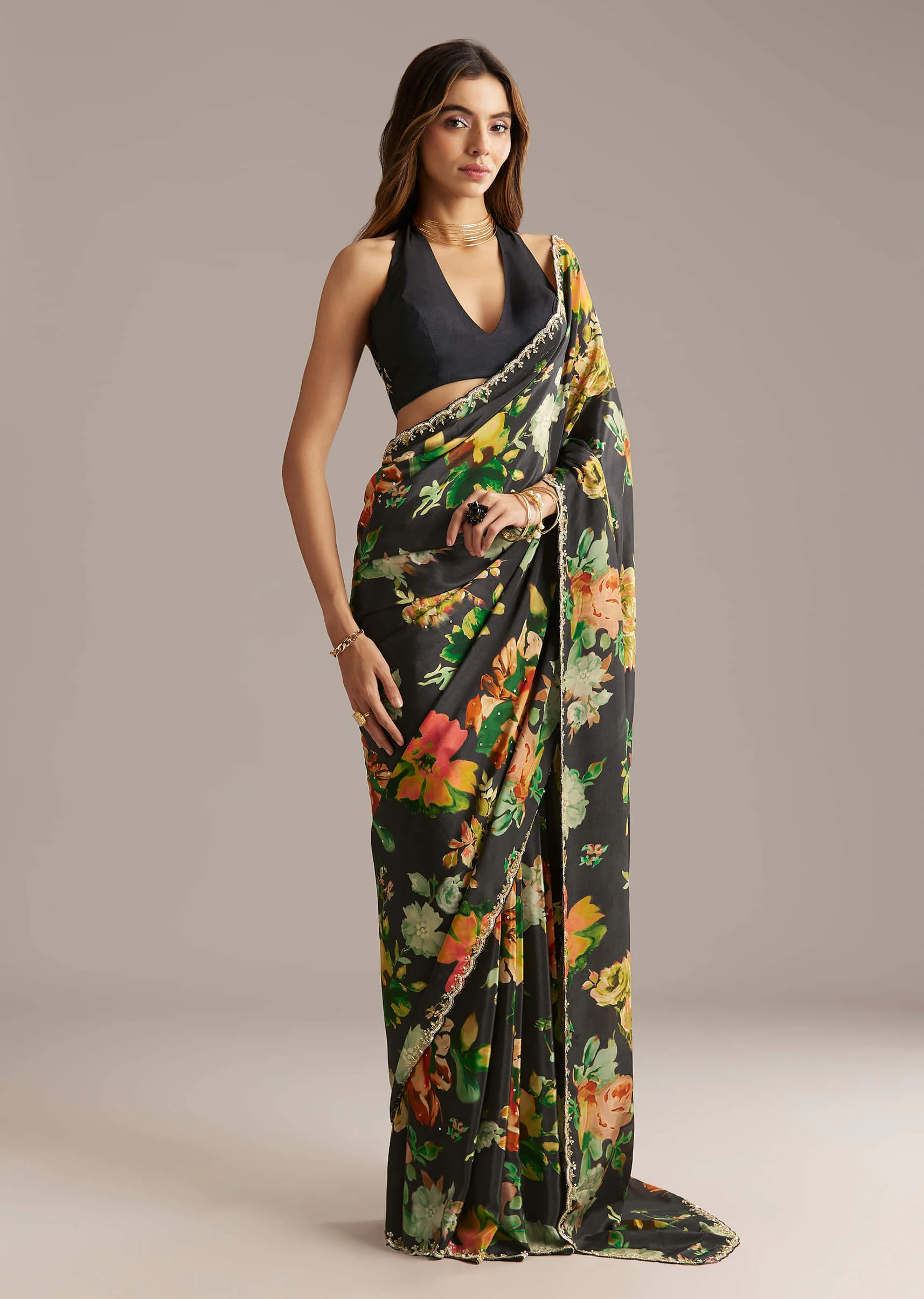 Black Crepe Saree With Floral Print And Stone Embroidery - Image 3