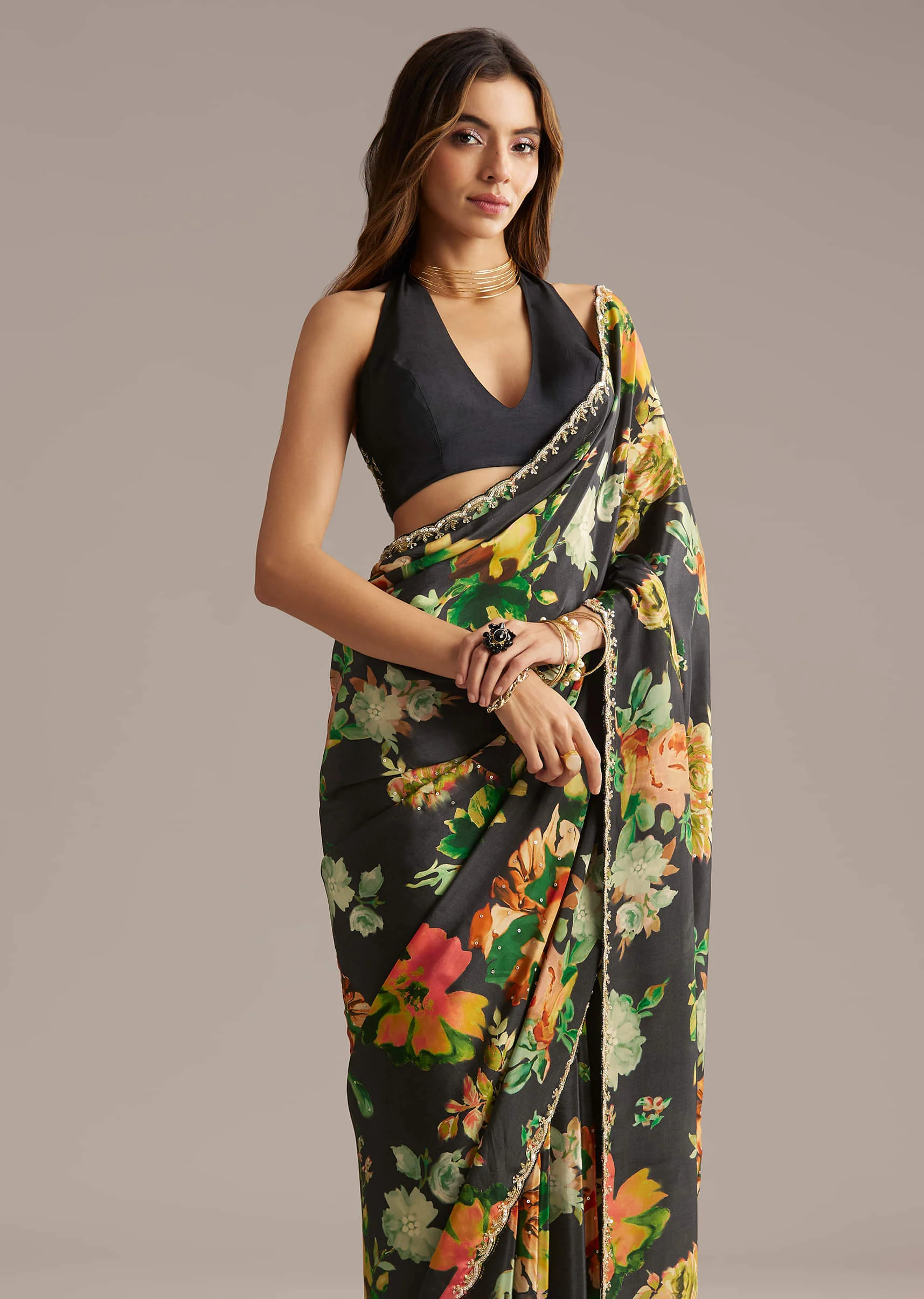 Black Crepe Saree With Floral Print And Stone Embroidery - Image 4