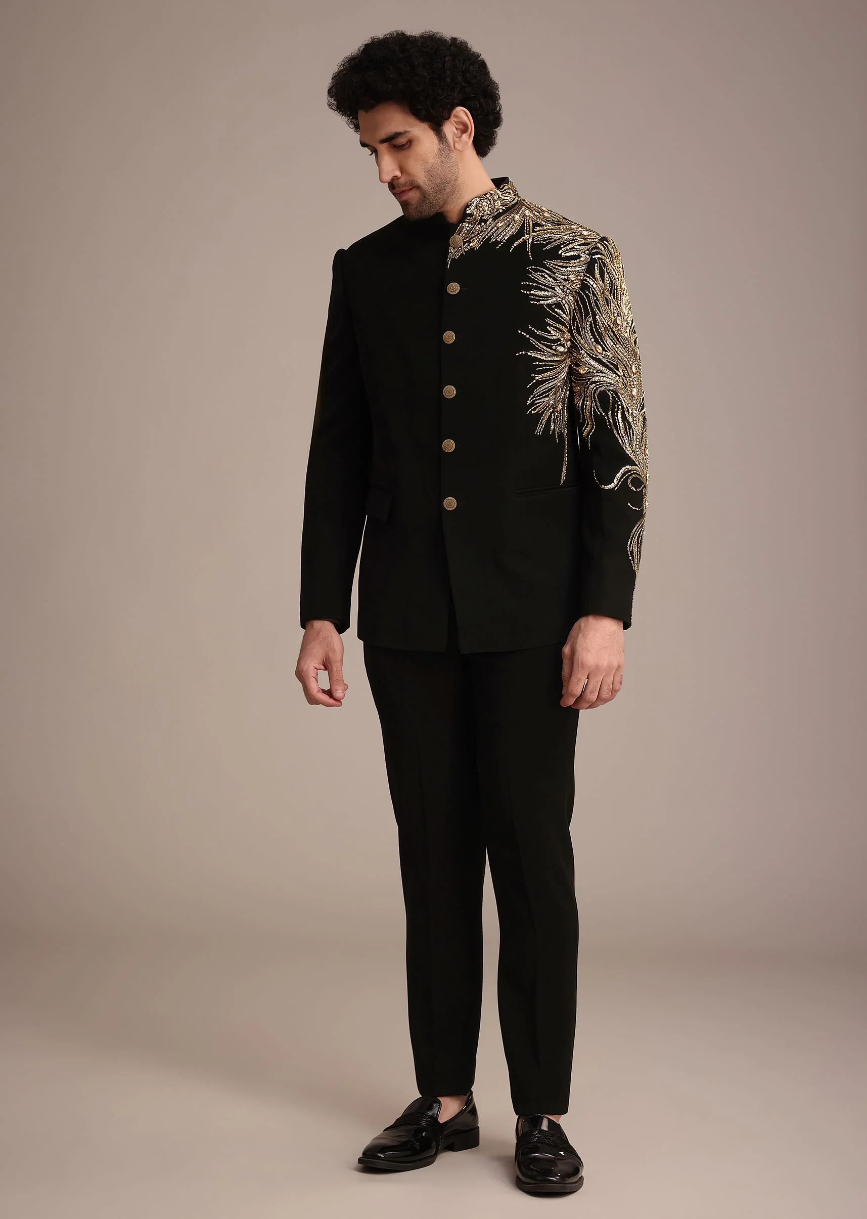 Black Crepe Tuxedo Suit With Hand Work