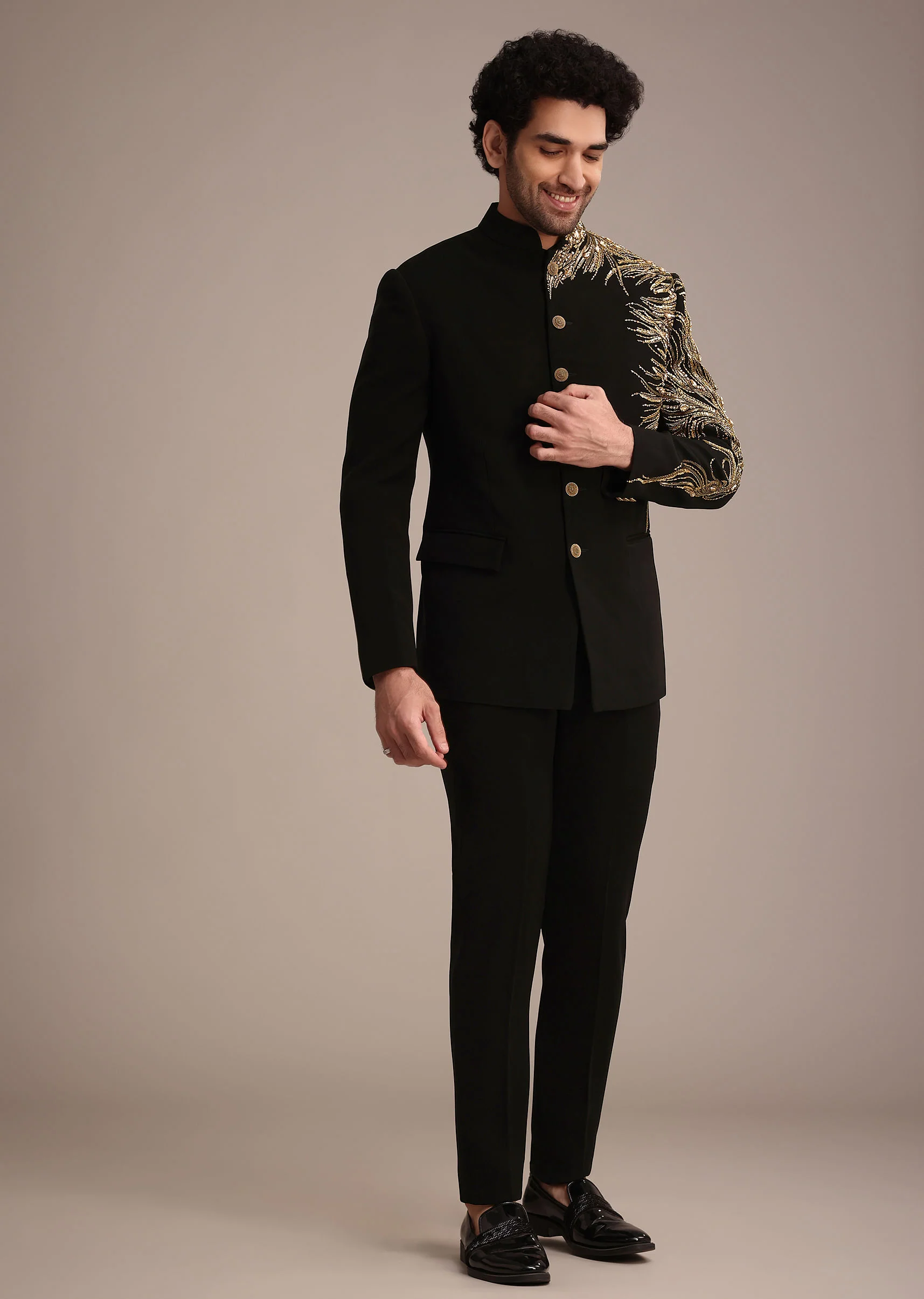 Black Crepe Tuxedo Suit With Hand Work - Image 3