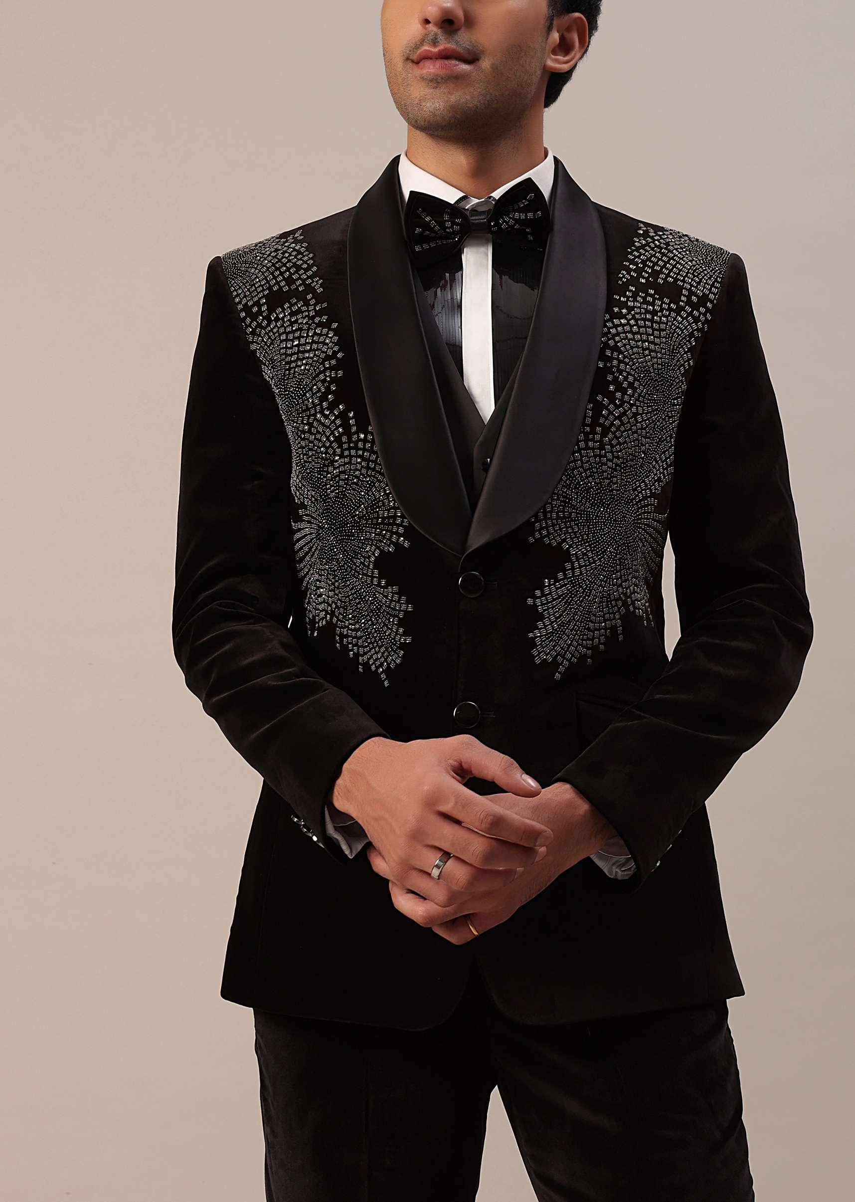 Black Crystal Handwork Tuxedo Set In Velvet - Image 3