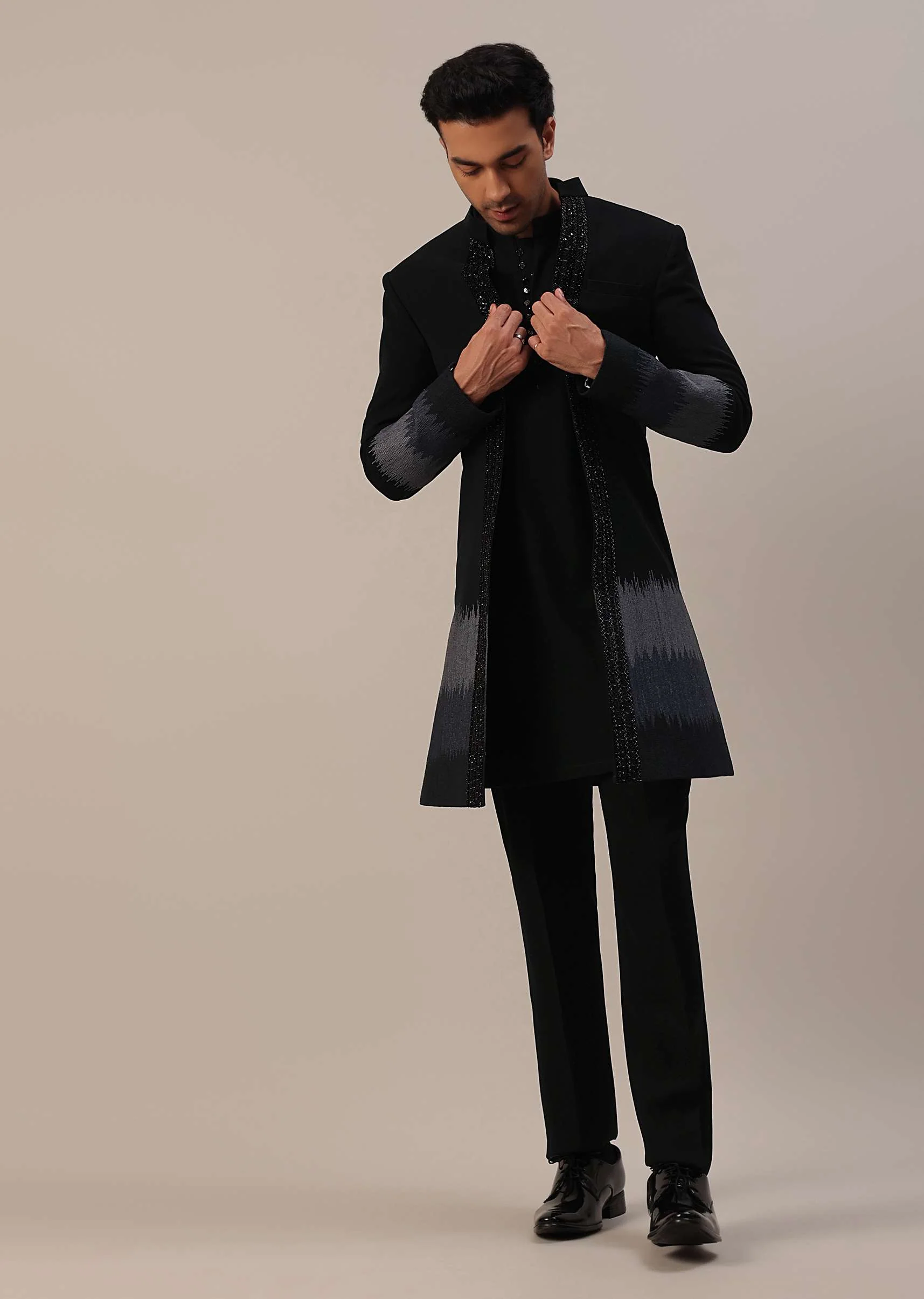 Black Cut Dana Embroidered Indowestern In Suiting Fabric - Image 2
