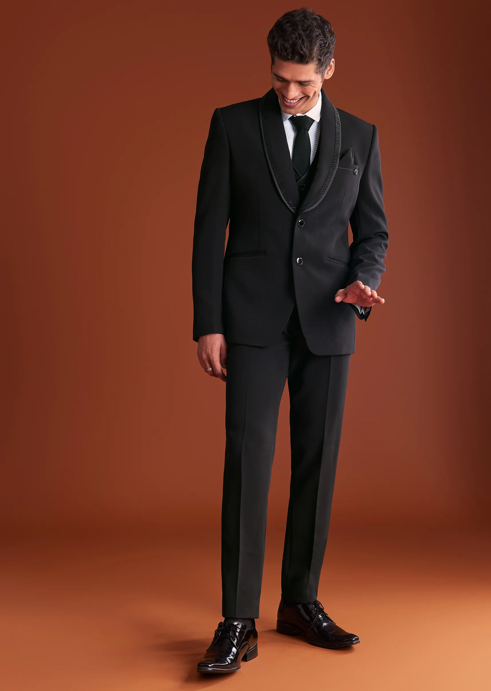 Black Cutdana Embroidereid Tuxedo Set With Accessories - Image 3