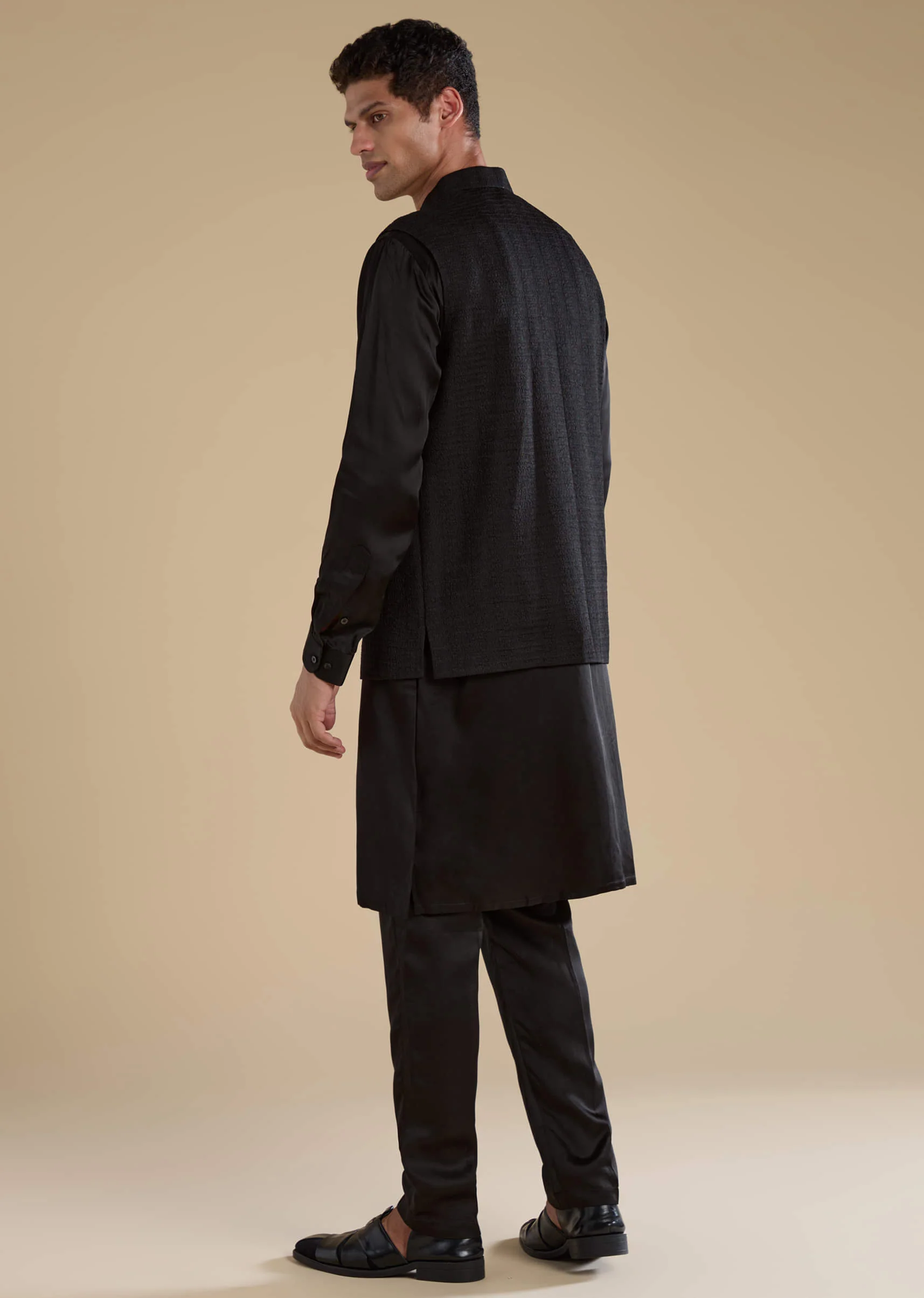 Black Cutwork Mens Jacket Kurta and Pant Set - Image 3