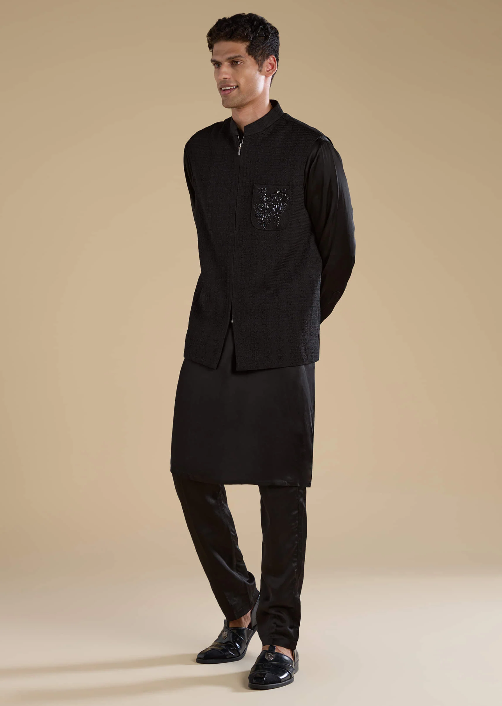 Black Cutwork Mens Jacket Kurta and Pant Set - Image 4