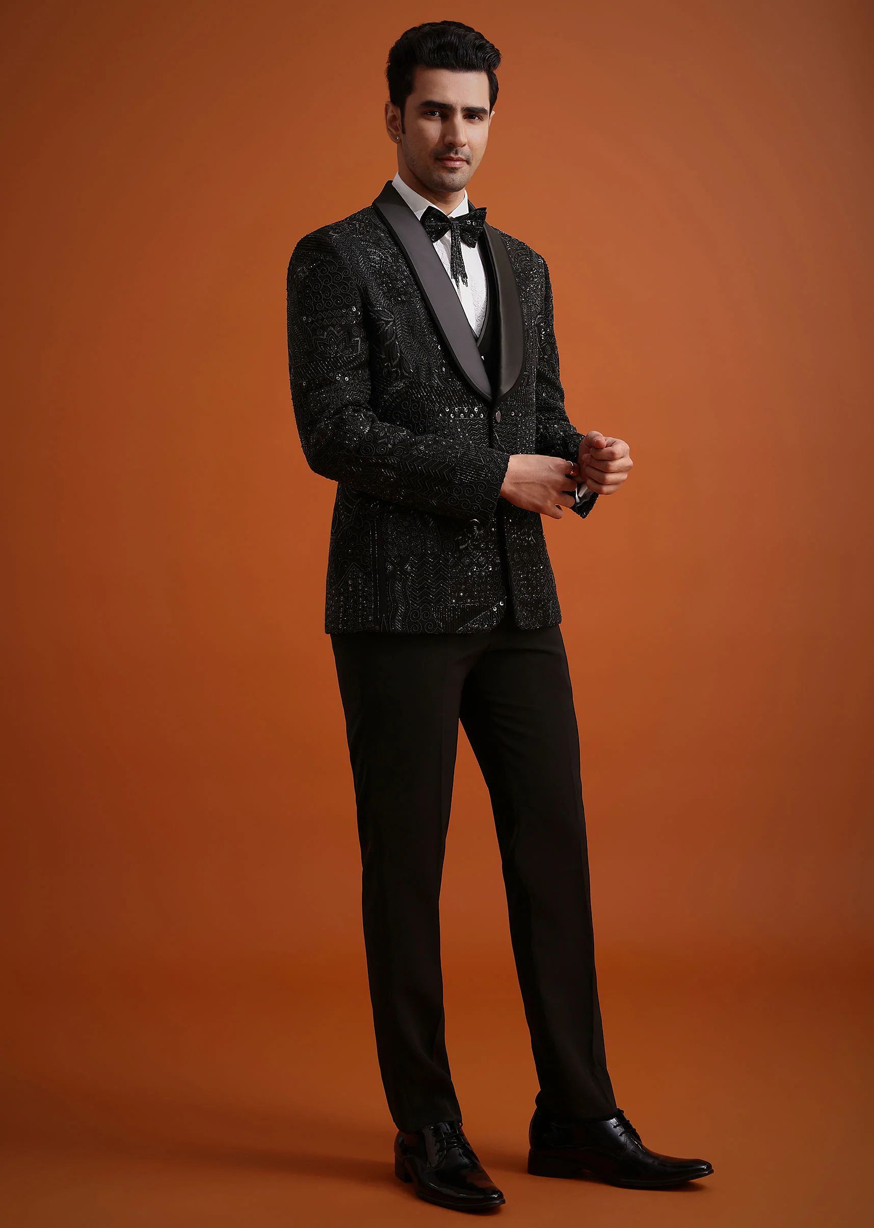 Black Cutwork Stone Embellished Tuxedo Set - Image 3