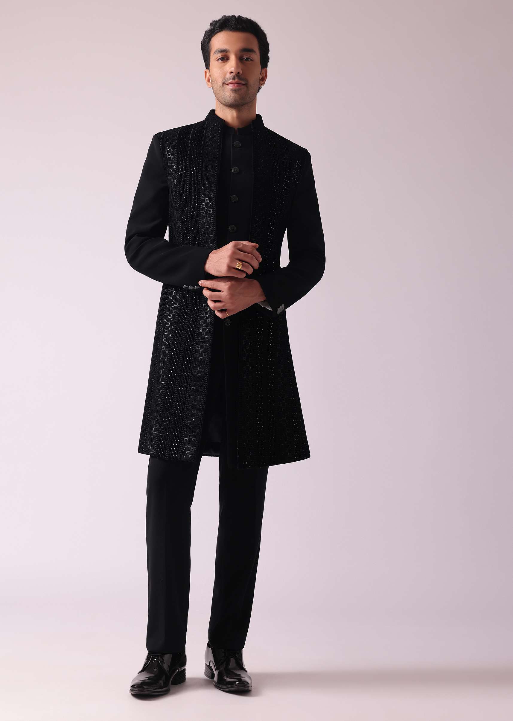Black Embellished Indowestern In Suiting Fabric - Image 14