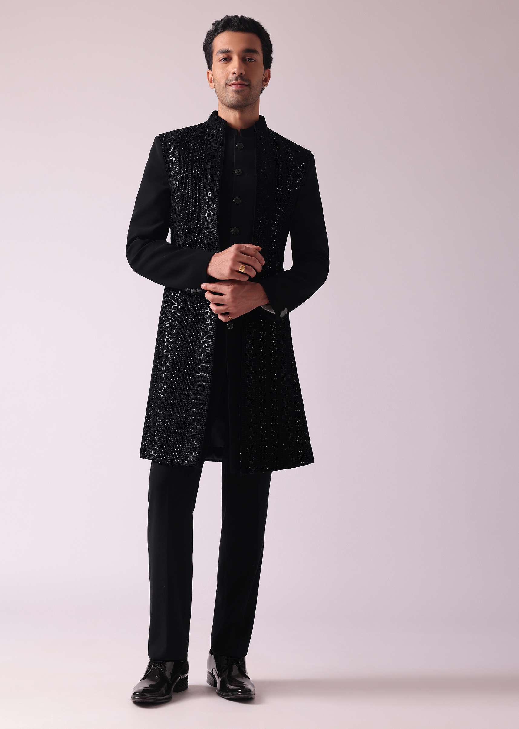Black Embellished Indowestern In Suiting Fabric - Image 9