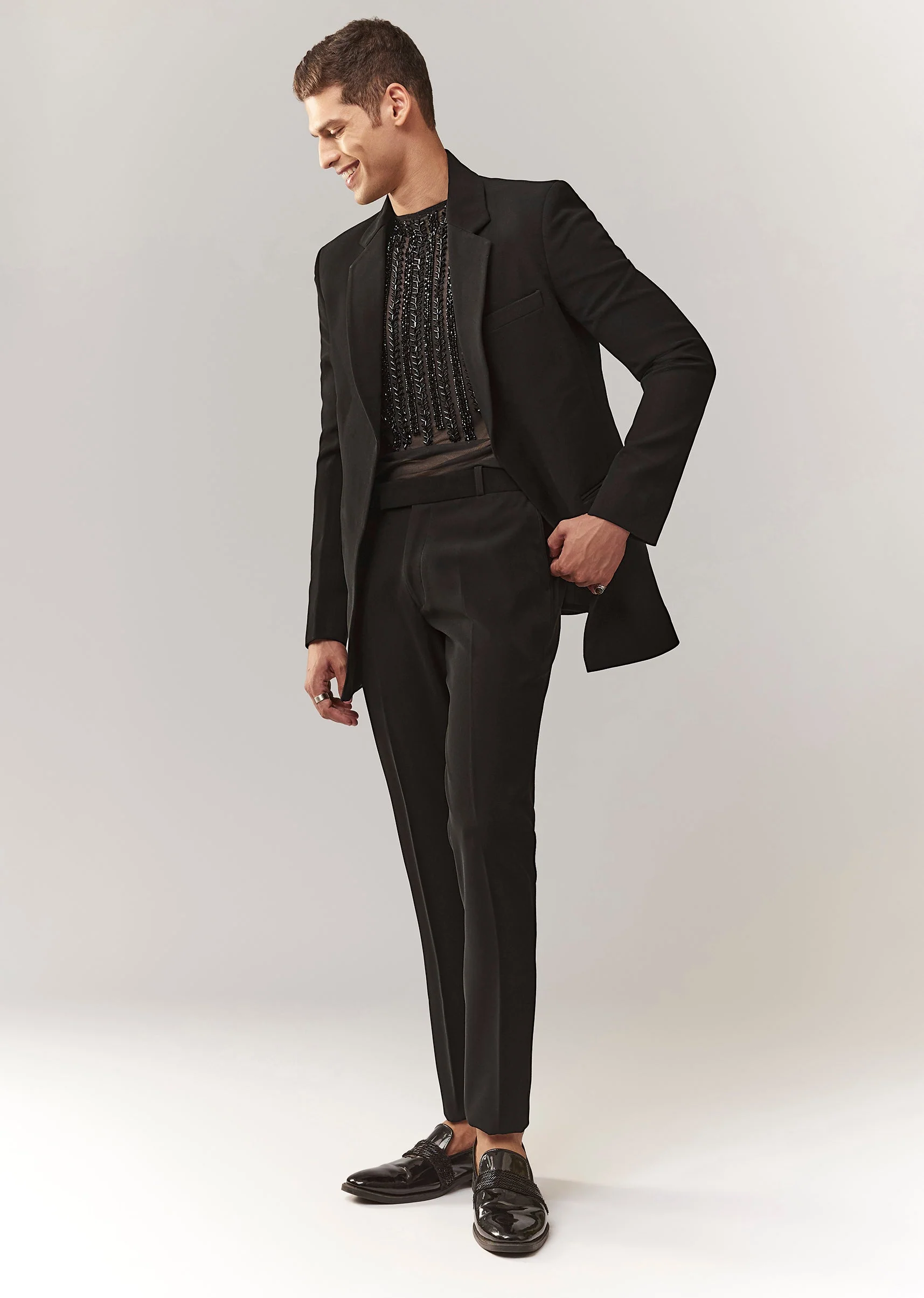 Black Embellished Jersey Indo Western Set With Zip Closure - Image 3