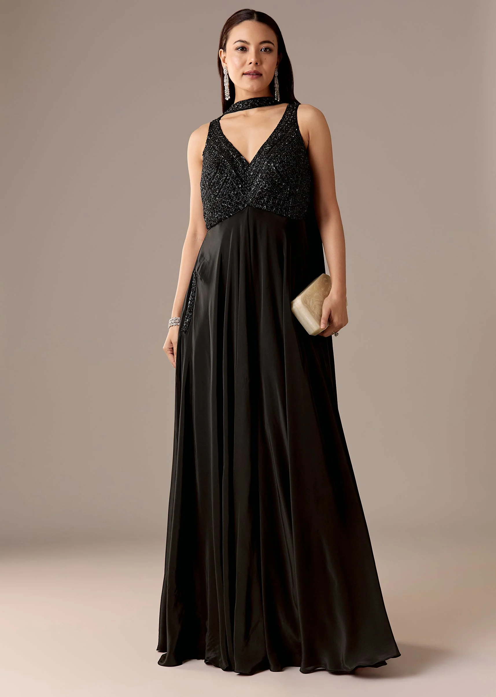 Black Embellished Jumpsuit With Choker Dupatta - Image 3