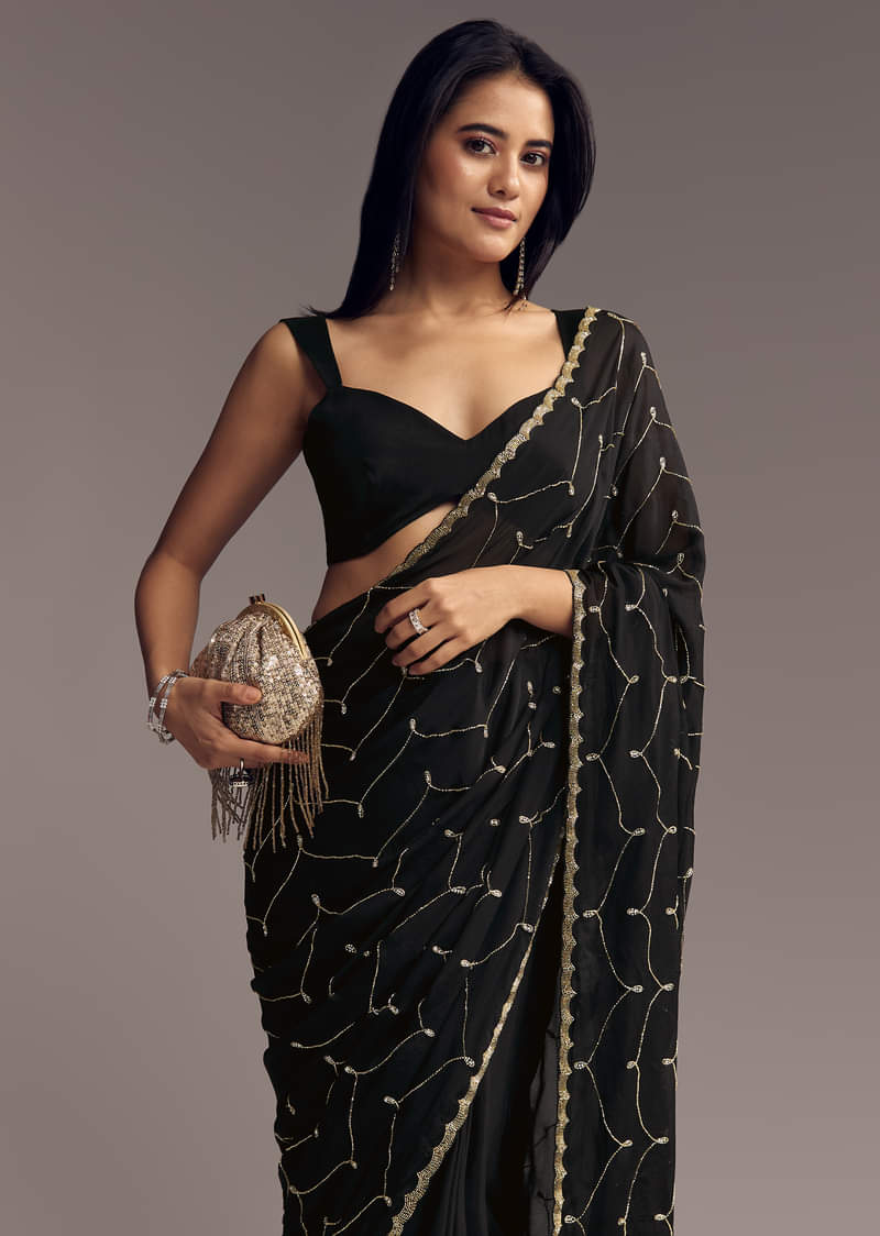 Black Embroidered Chinon Saree With Cut Dana Work - Image 5