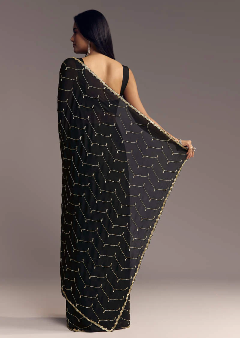 Black Embroidered Chinon Saree With Cut Dana Work - Image 6