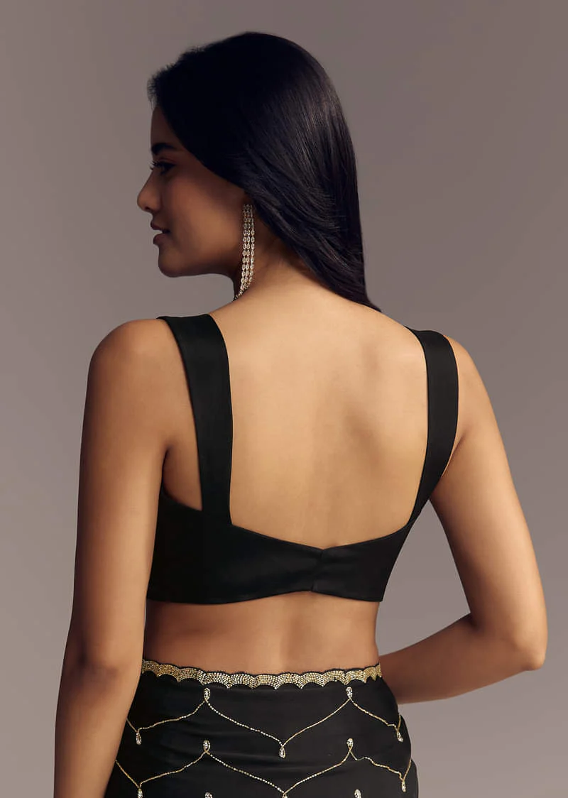 Black Embroidered Chinon Saree With Cut Dana Work - Image 8