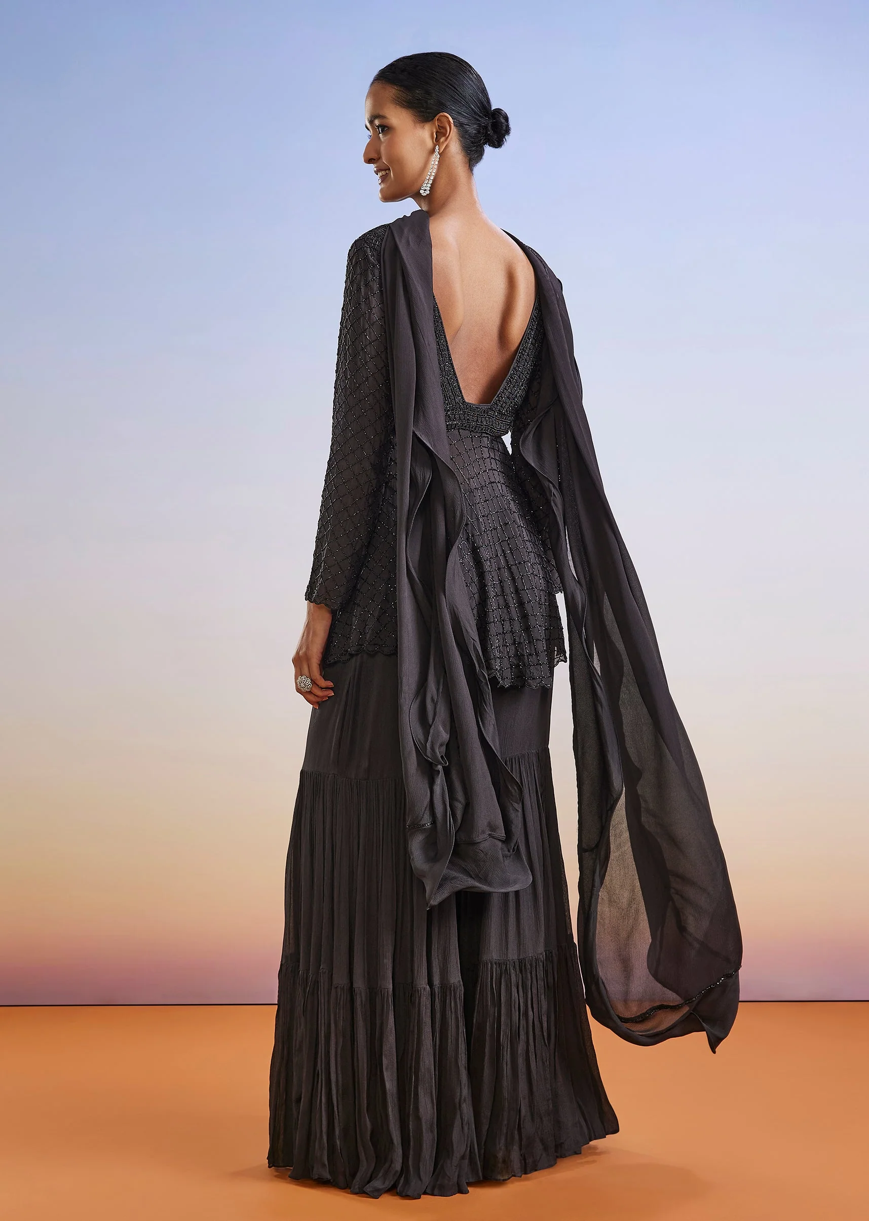 Black Embroidered Chinon Sharara Suit With Peplum Kurta - Image 5