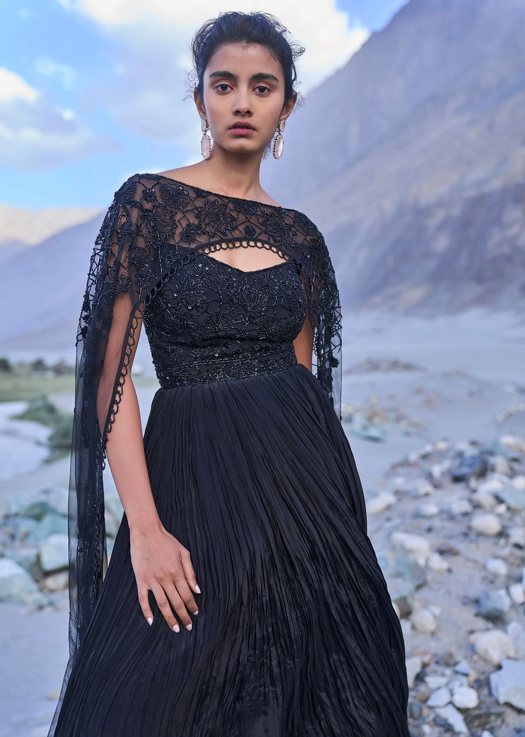 Black Embroidered Crepe Rushed Gown With Cape - Image 4