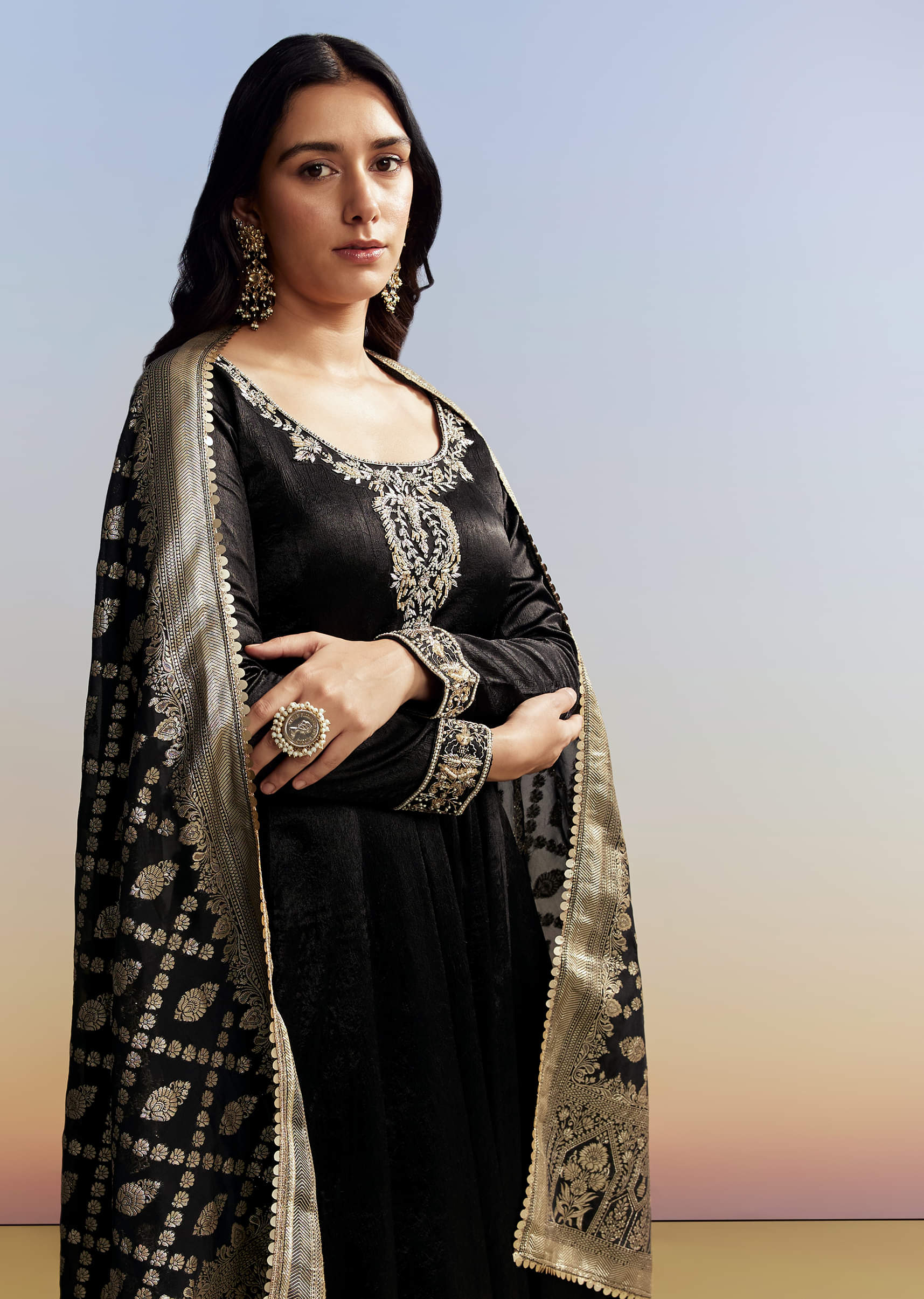 Black Embroidered Crush Satin Anarkali Set - Image 4