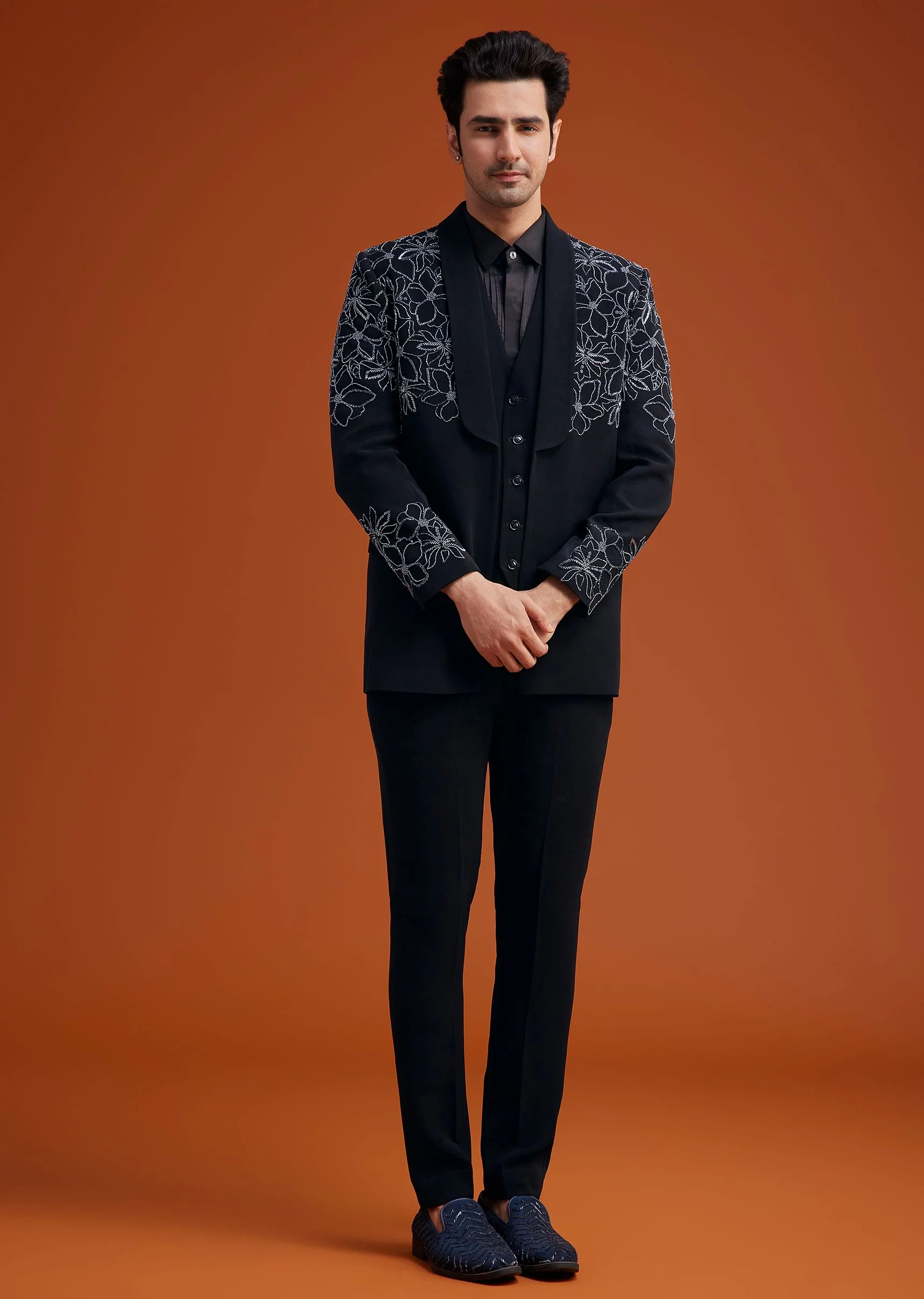 Black Embroidered Floral Tuxedo Set - Image 4