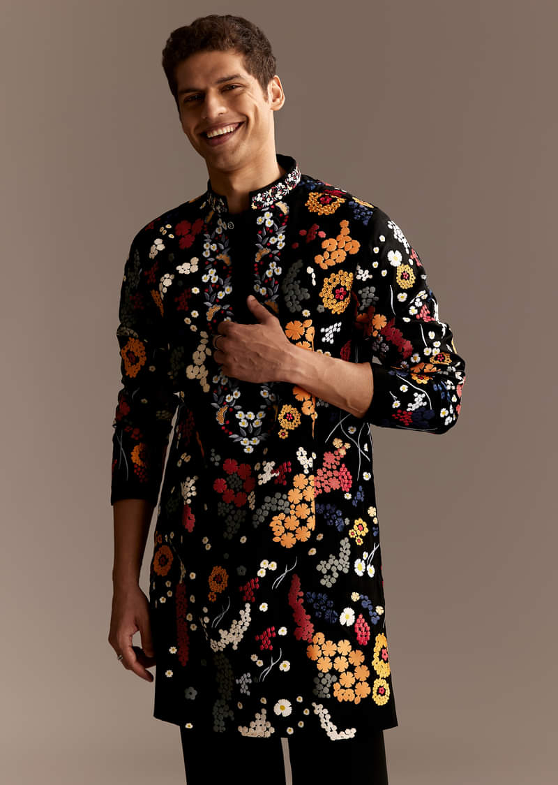 Black Embroidered Kurta Set With Palazzo Pants - Image 3