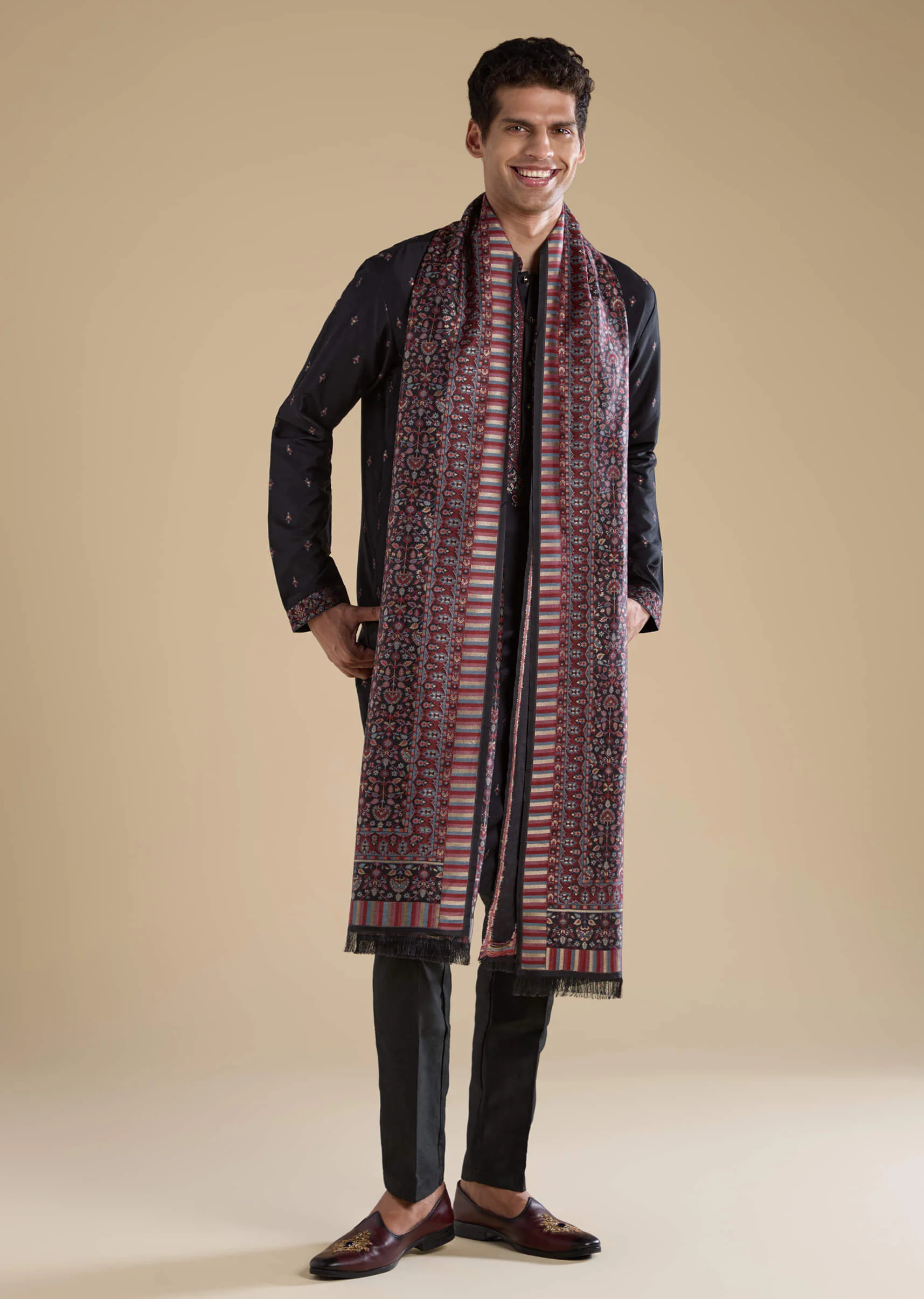 Black Embroidered Mens Kurta Set with Kashmiri Print Dupatta - Image 3
