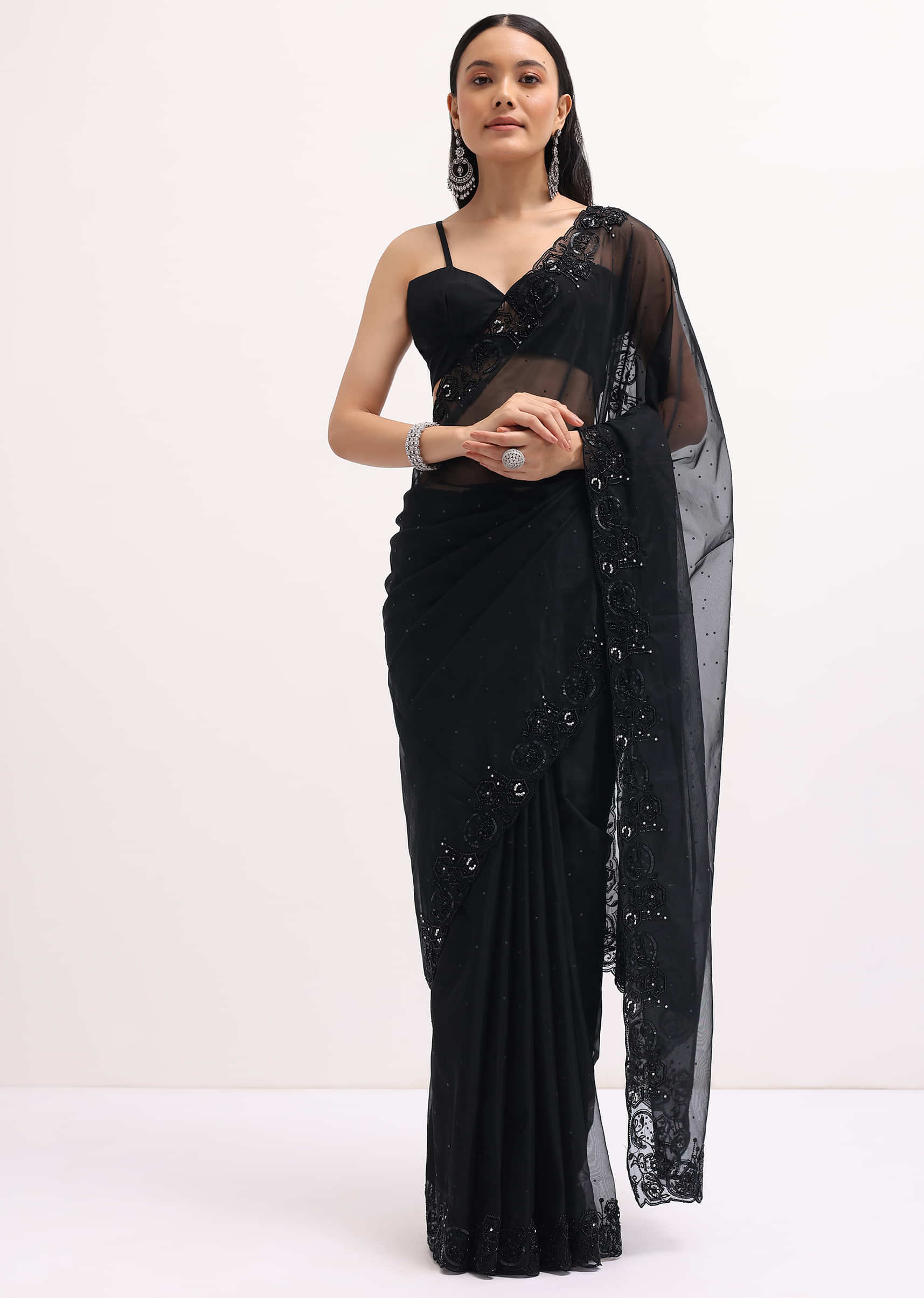 Black Embroidered Organza Saree With Unstitched Blouse - Image 2