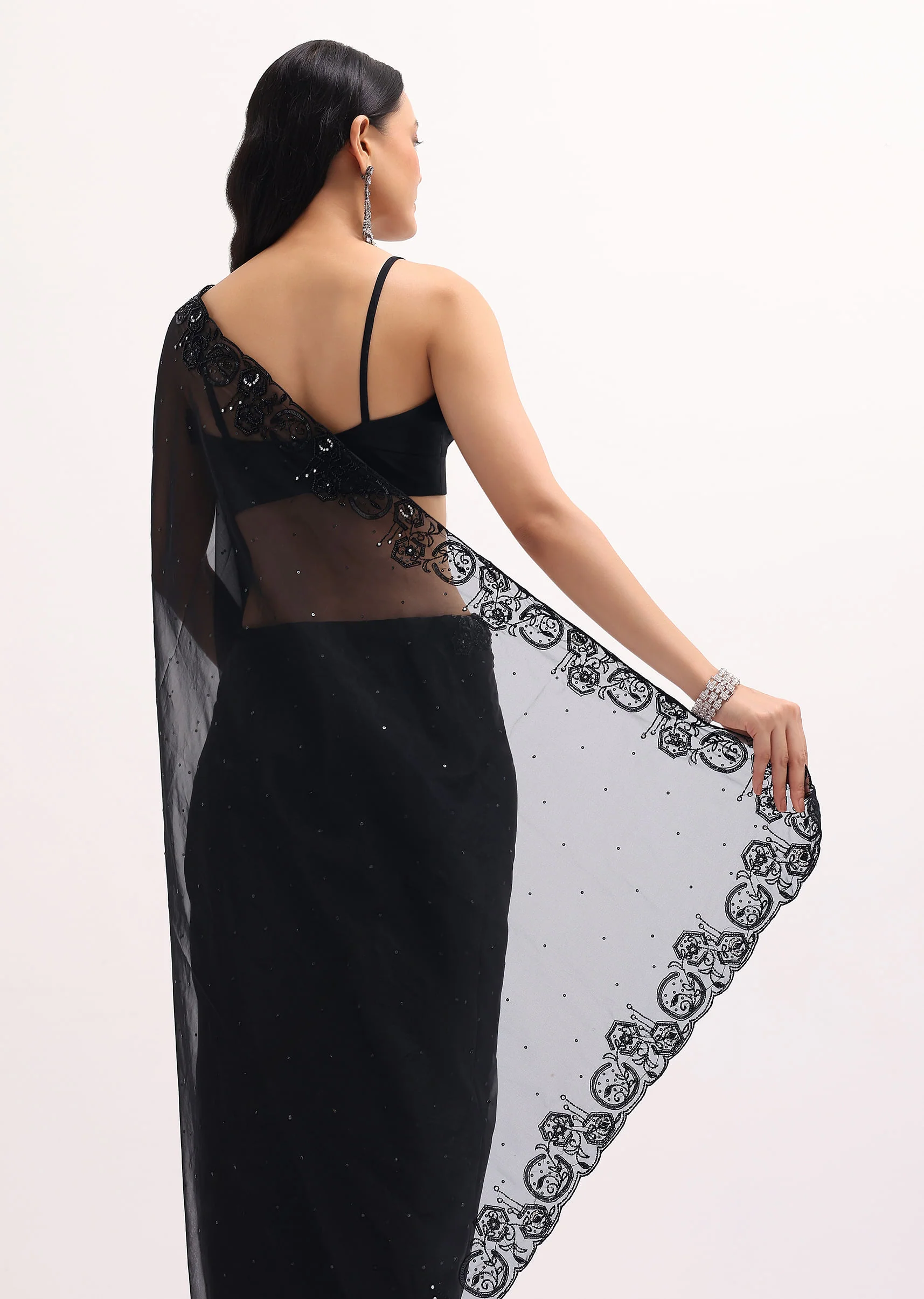Black Embroidered Organza Saree With Unstitched Blouse - Image 4