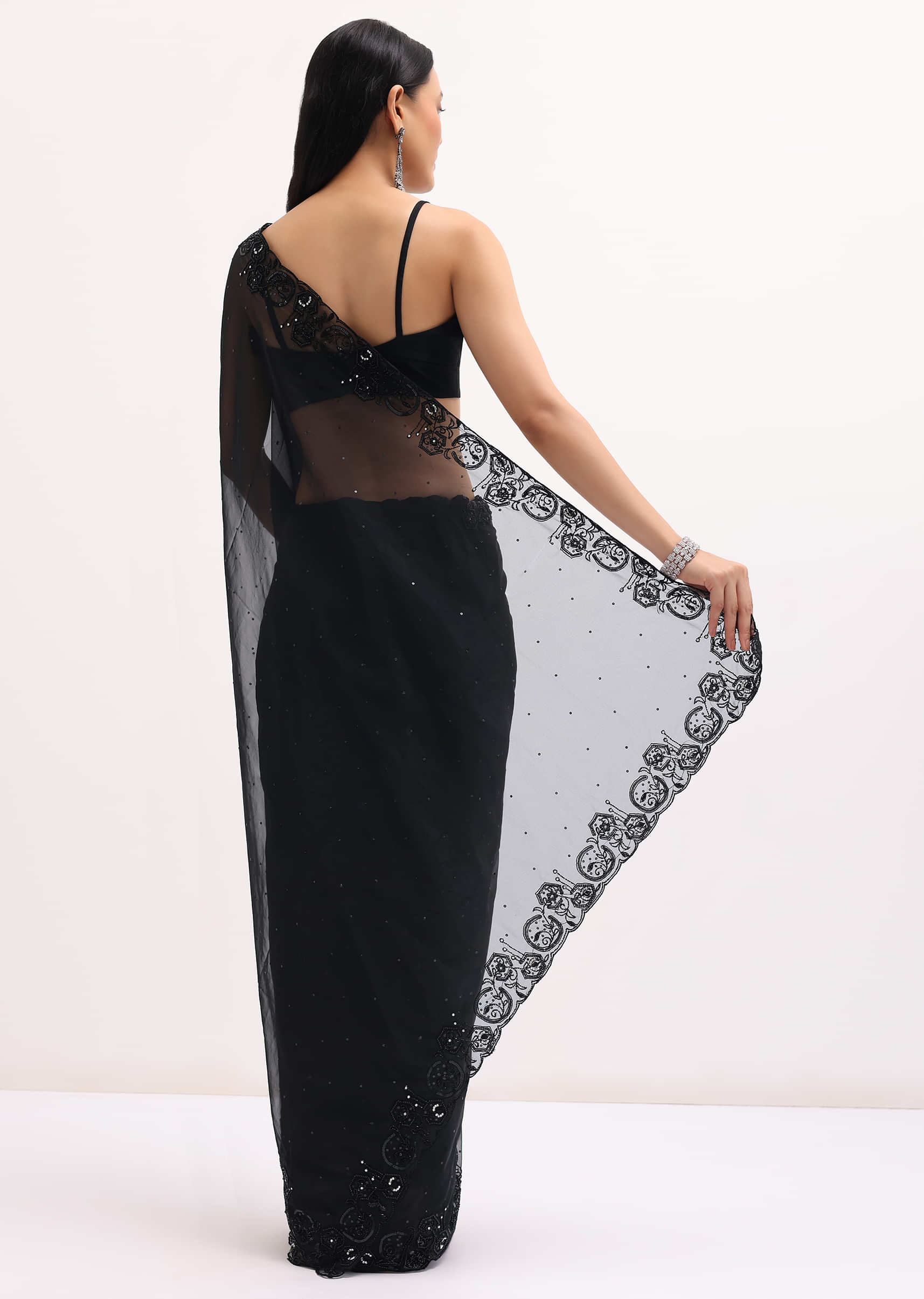 Black Embroidered Organza Saree With Unstitched Blouse - Image 6