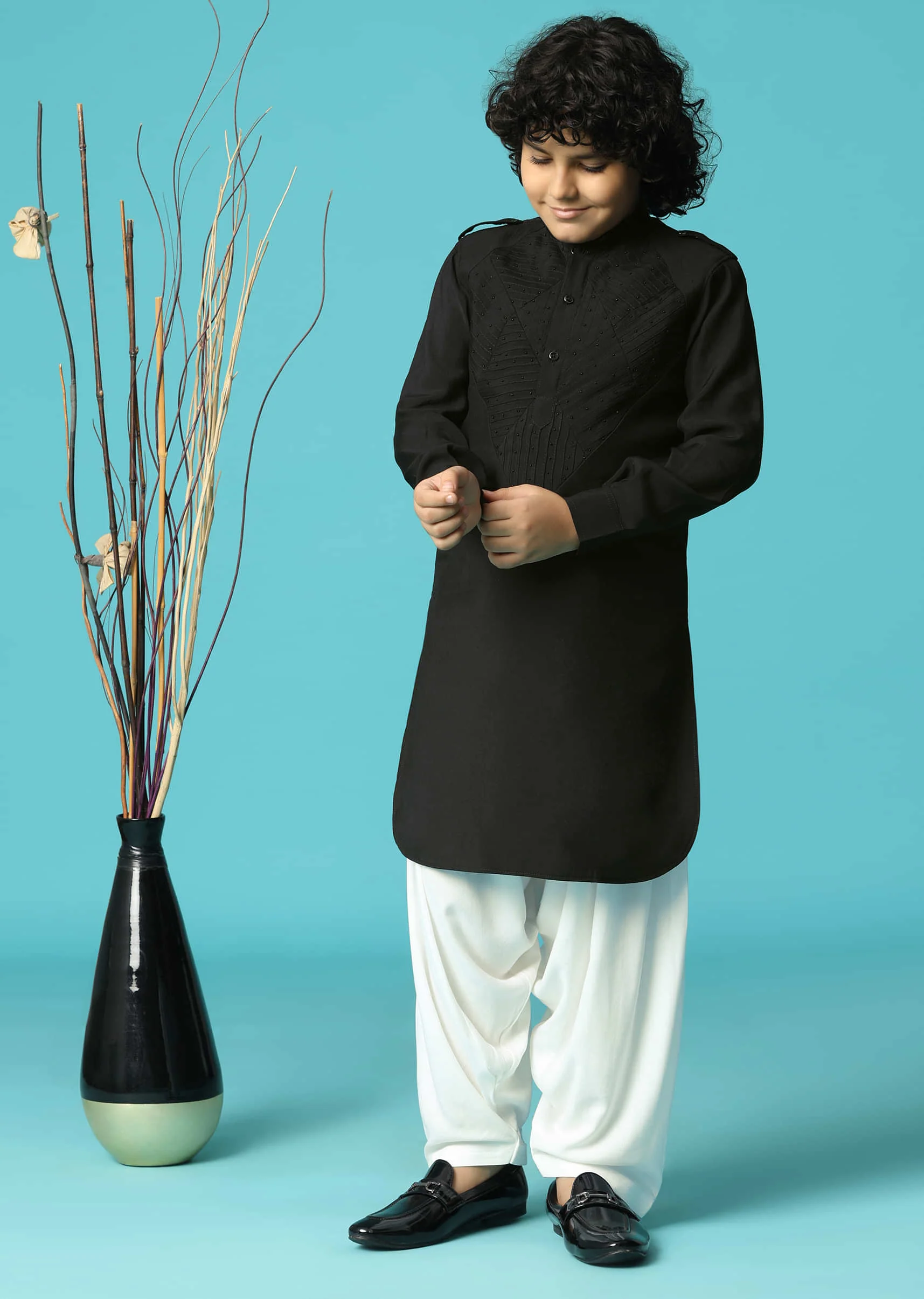 Black Embroidered Silk Kurta Salwar For Boys - Image 3
