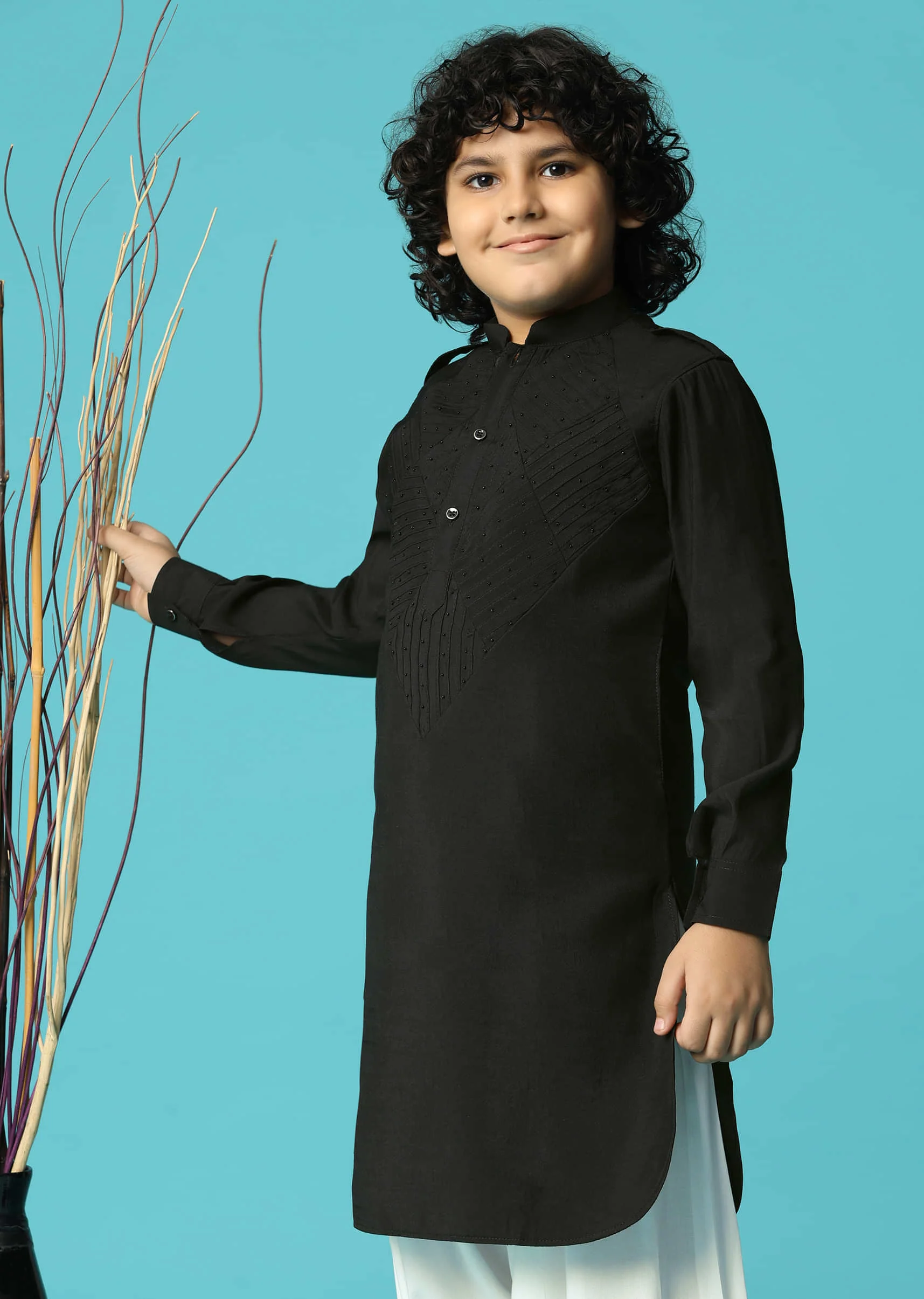 Black Embroidered Silk Kurta Salwar For Boys - Image 4