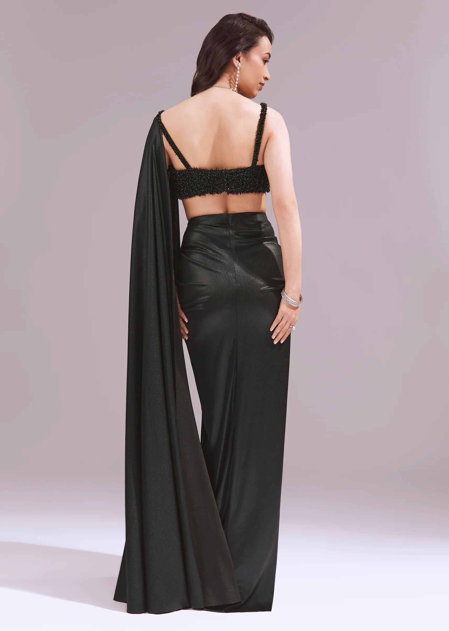 Black Evening Duo – Draped Crop Top Skirt Set For Her And Embellished Indo Western Set For Him - Image 3