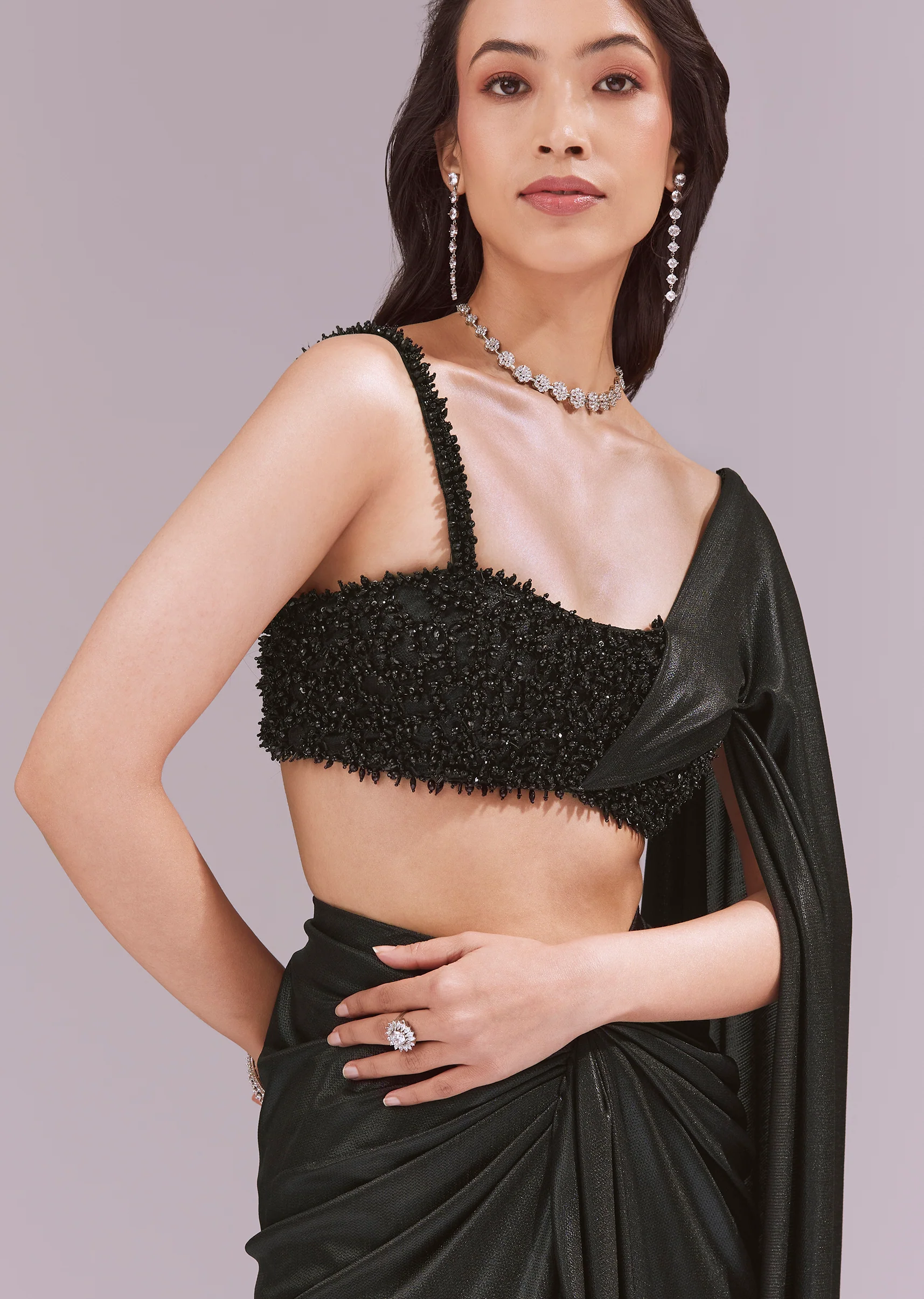 Black Evening Duo – Draped Crop Top Skirt Set For Her And Embellished Indo Western Set For Him - Image 4