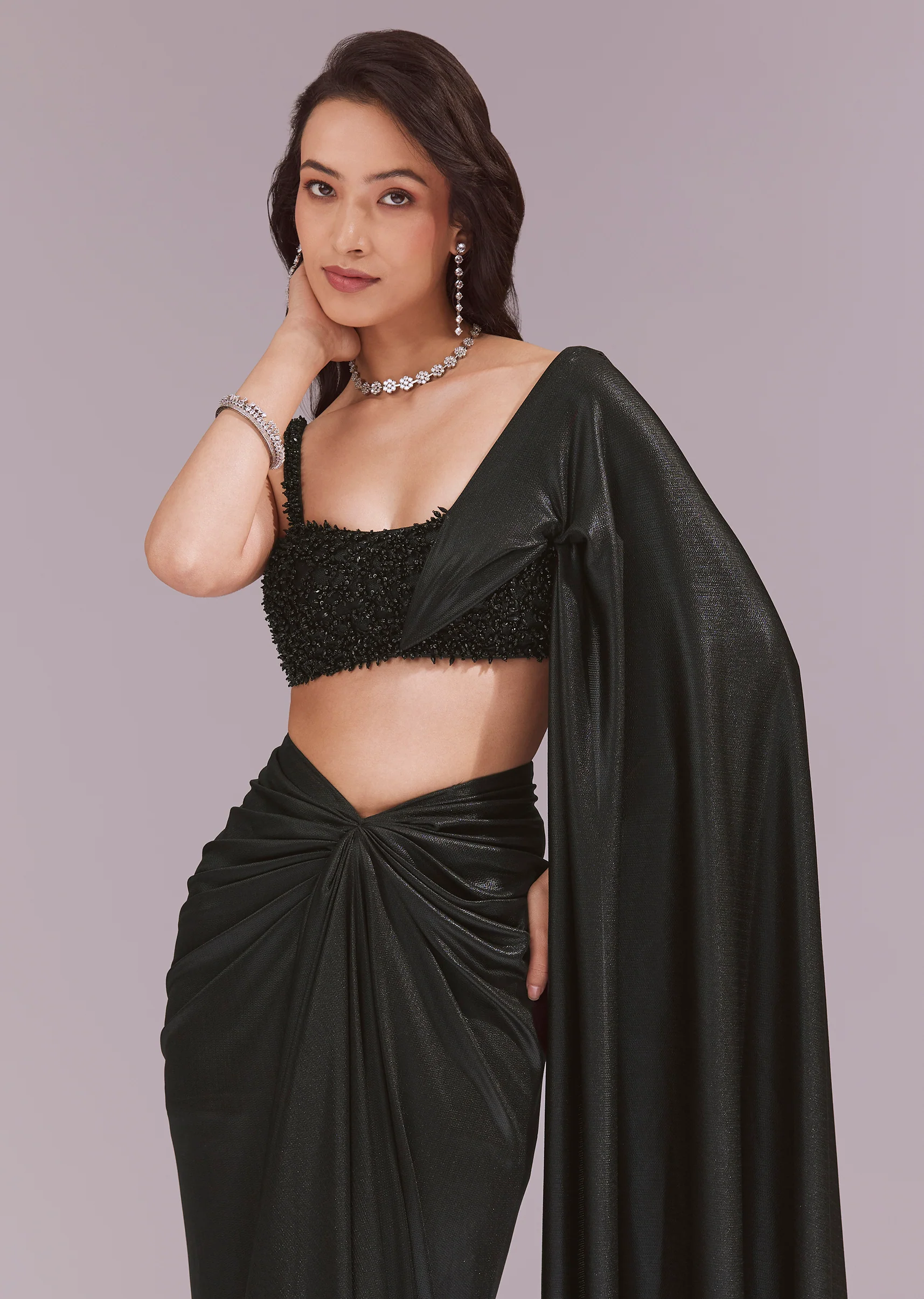 Black Evening Duo – Draped Crop Top Skirt Set For Her And Embellished Indo Western Set For Him - Image 5