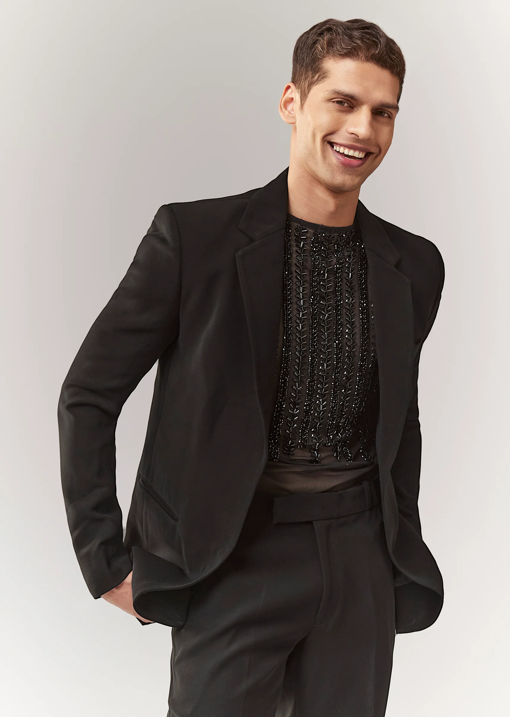 Black Evening Duo – Draped Crop Top Skirt Set For Her And Embellished Indo Western Set For Him - Image 6