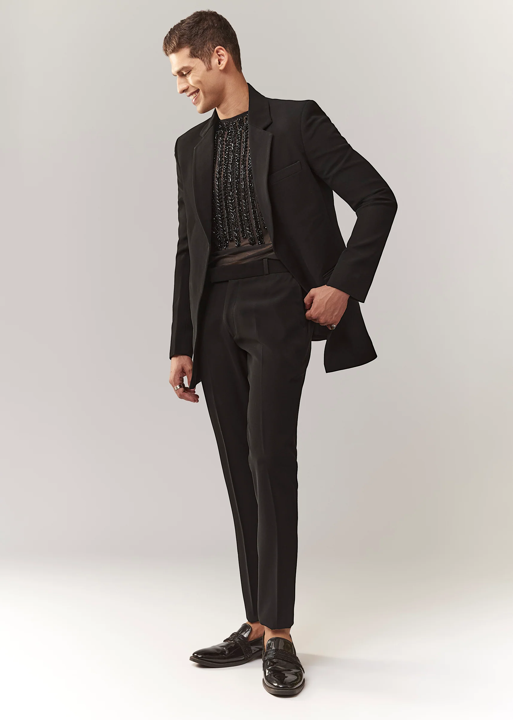 Black Evening Duo – Draped Crop Top Skirt Set For Her And Embellished Indo Western Set For Him - Image 7