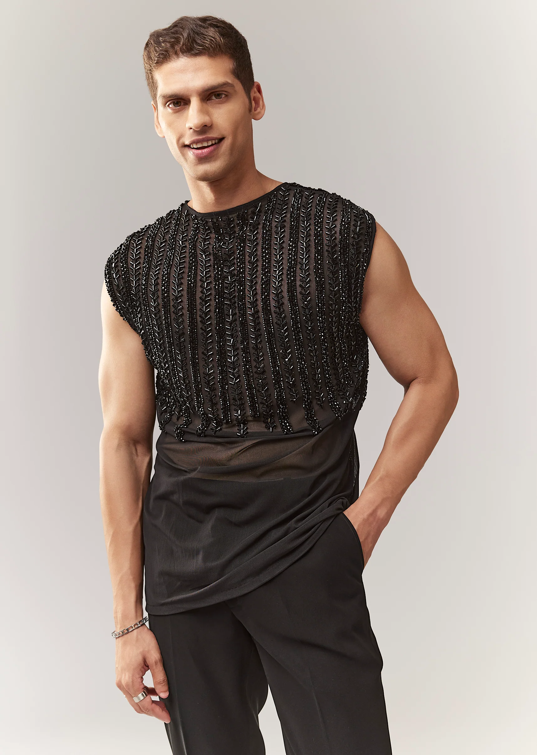 Black Evening Duo – Draped Crop Top Skirt Set For Her And Embellished Indo Western Set For Him - Image 9
