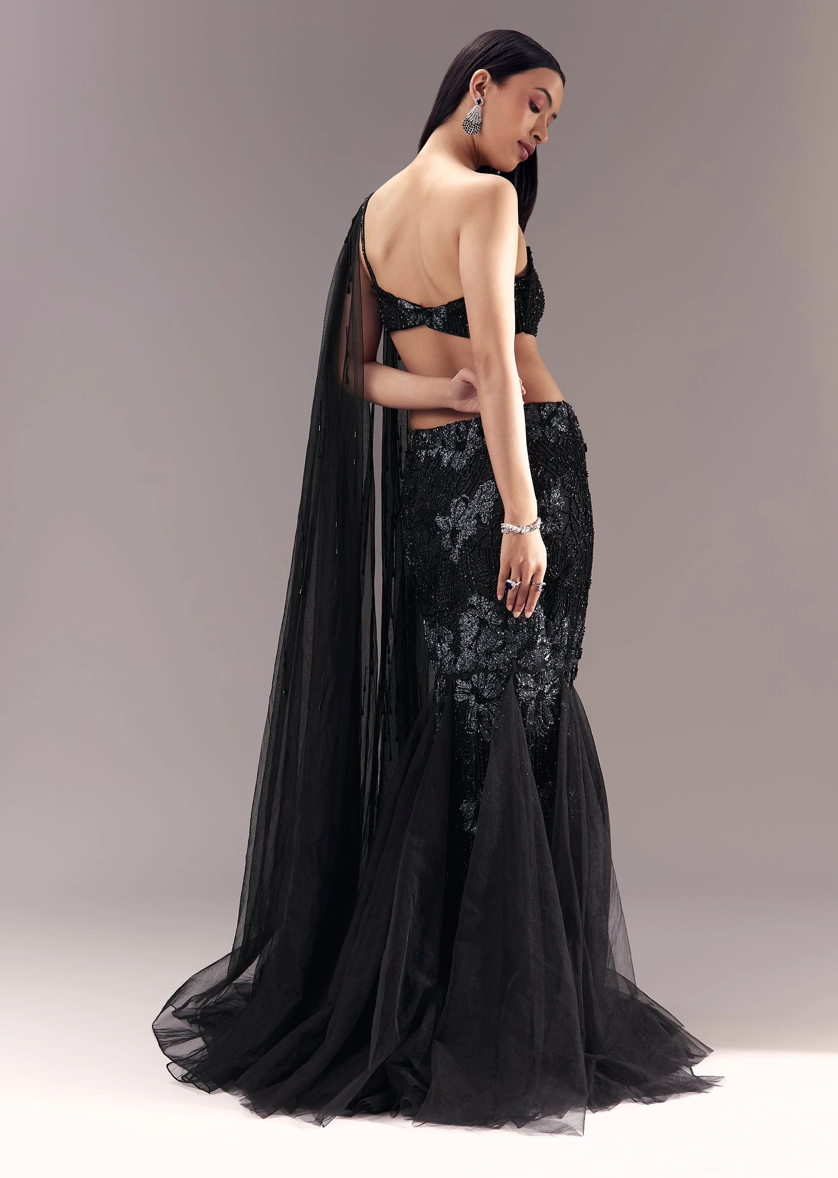 Black Fishcut Lehenga with Draped Blouse - Image 2