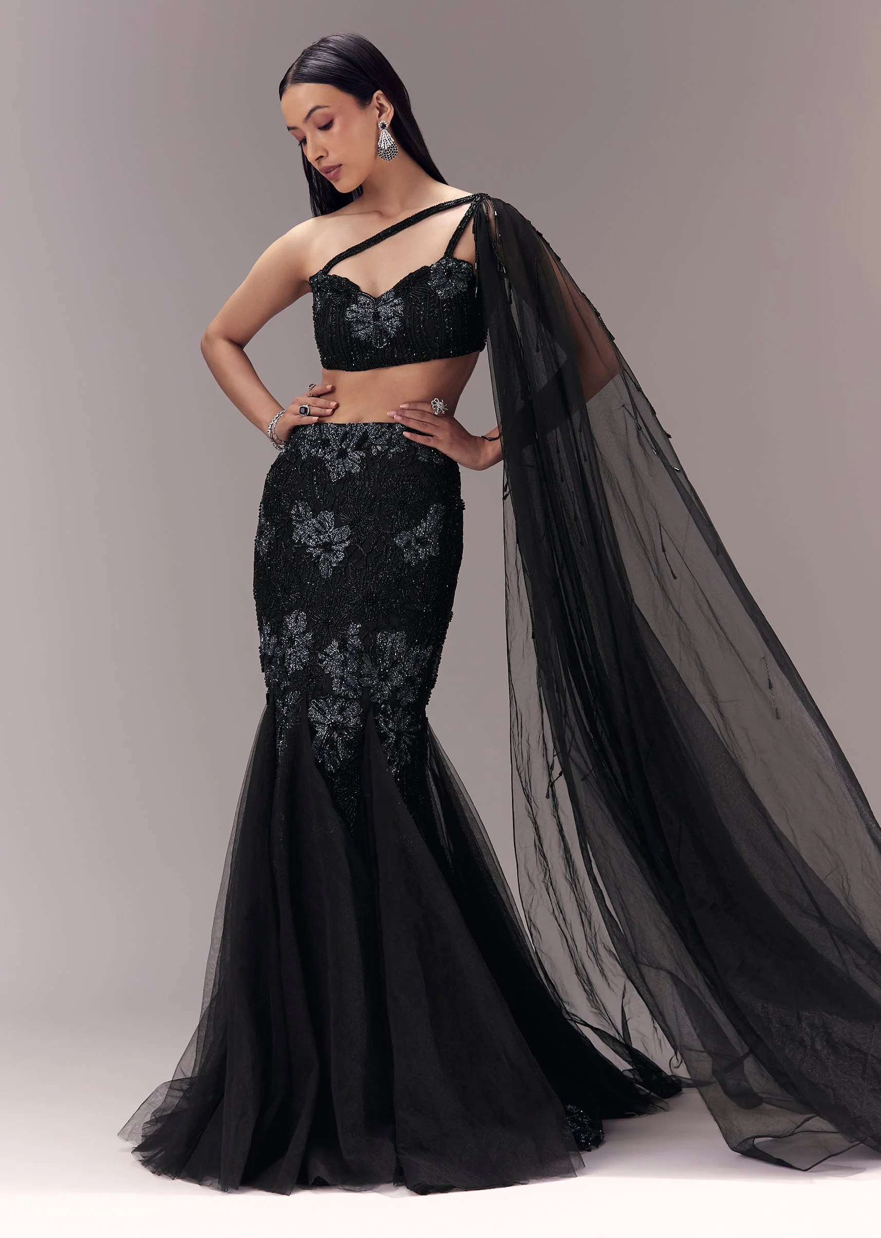 Black Fishcut Lehenga with Draped Blouse - Image 4