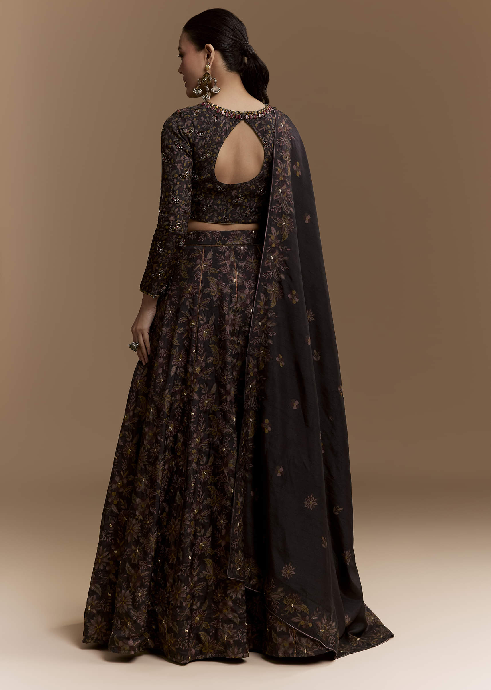 Black Floral Print Silk Bridesmaids Lehenga Set with Dupatta - Image 2