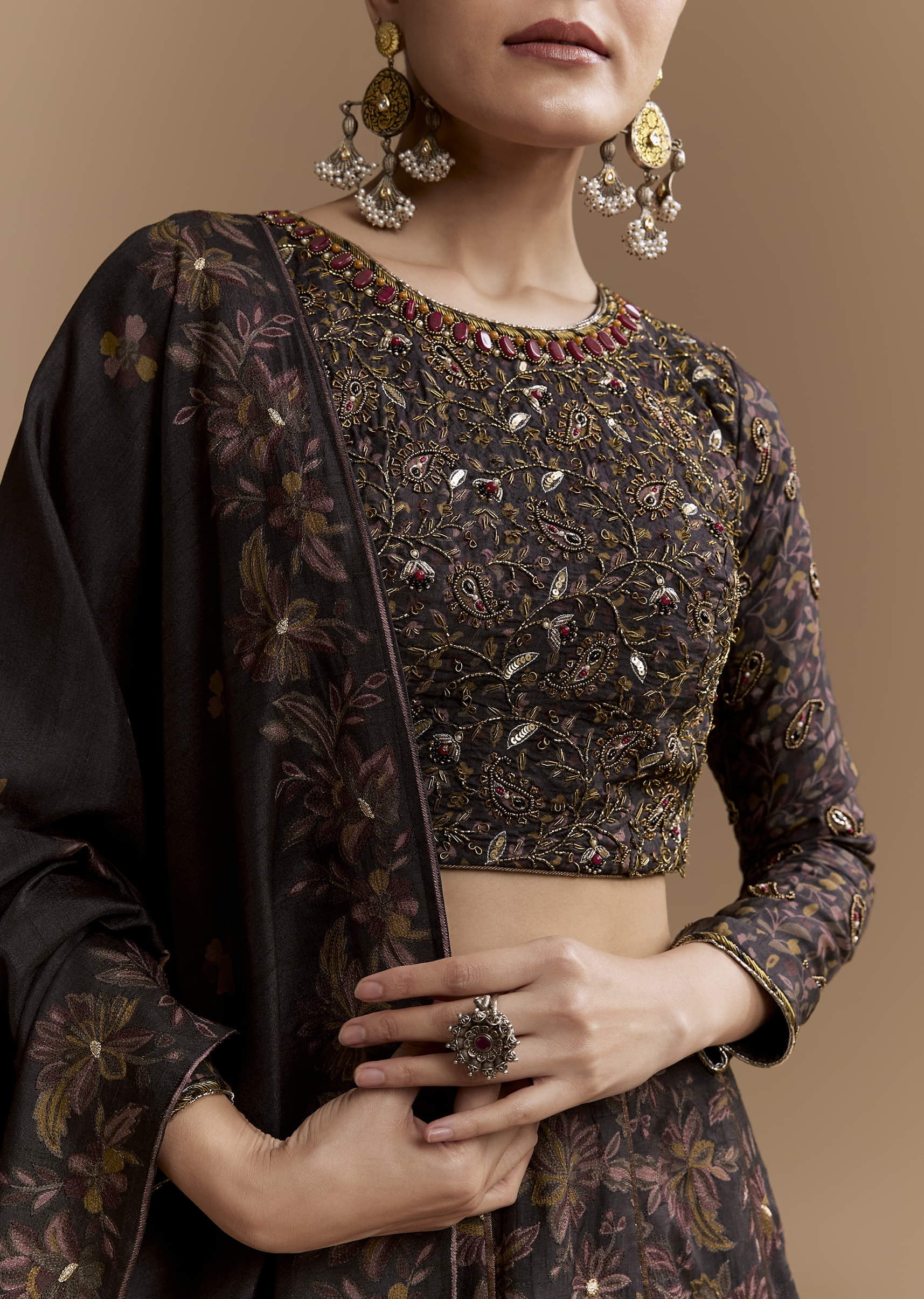 Black Floral Print Silk Bridesmaids Lehenga Set with Dupatta - Image 3
