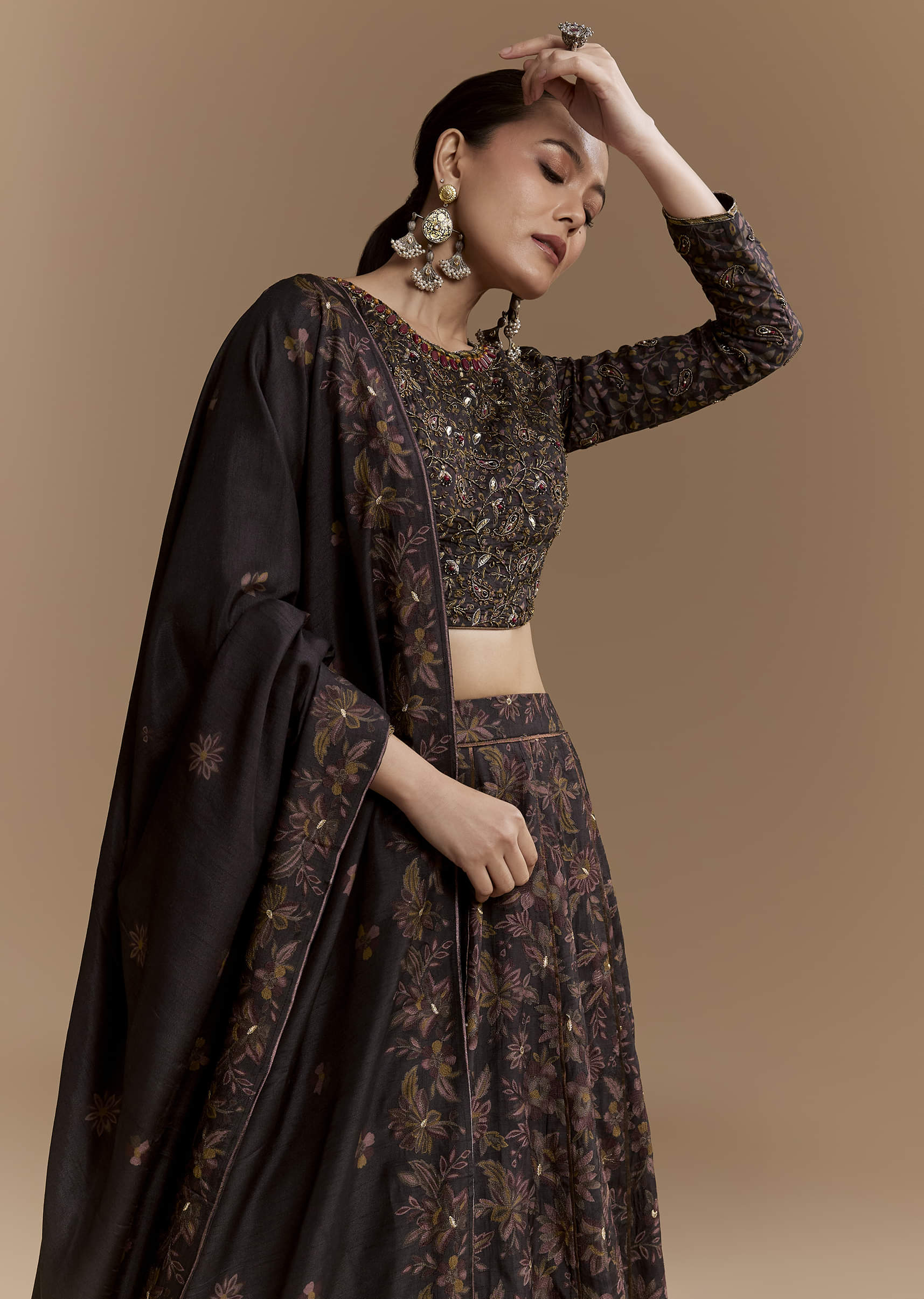 Black Floral Print Silk Bridesmaids Lehenga Set with Dupatta - Image 5