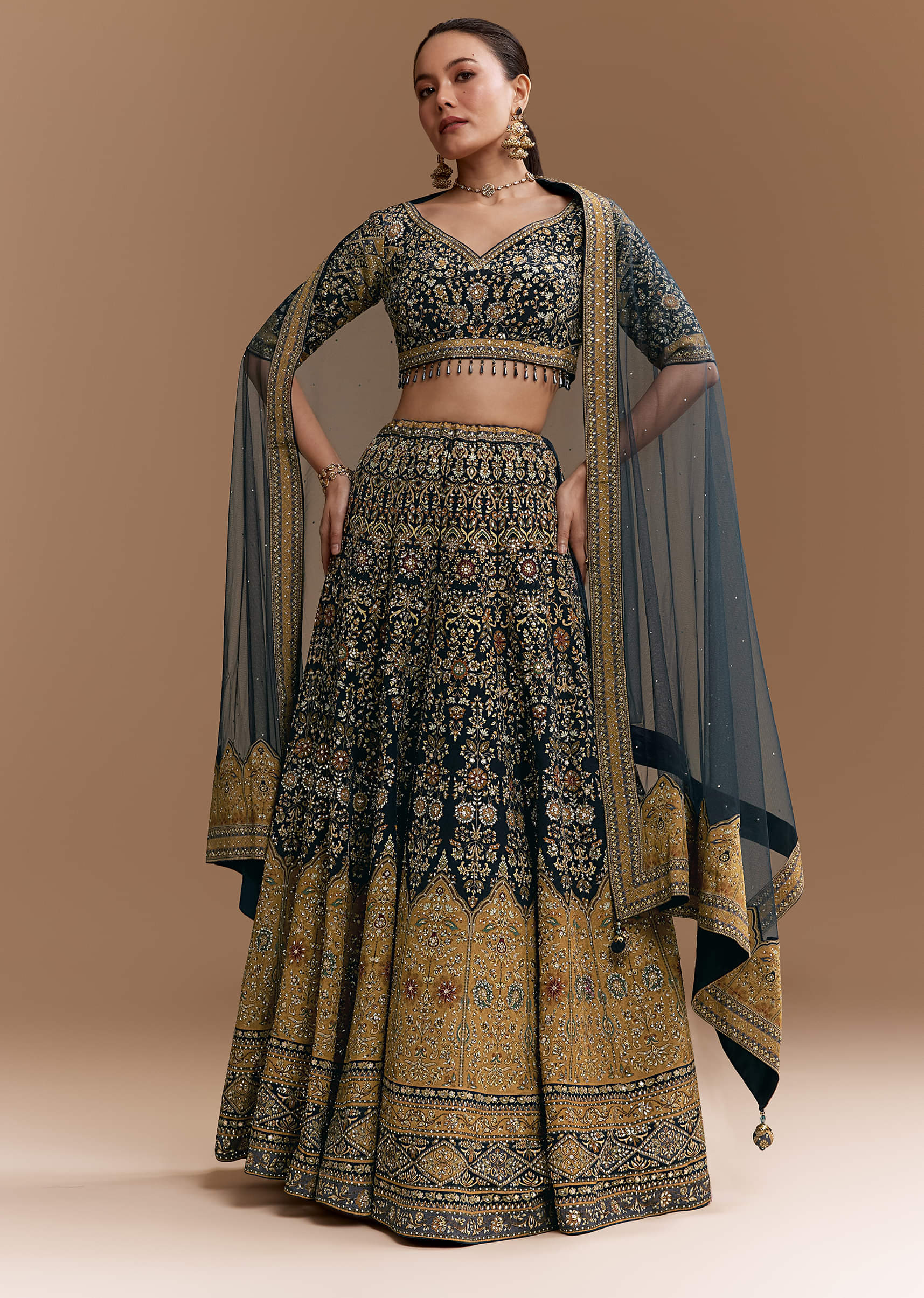 Black Floral Print Silk Lehenga Set with Dupatta - Image 4