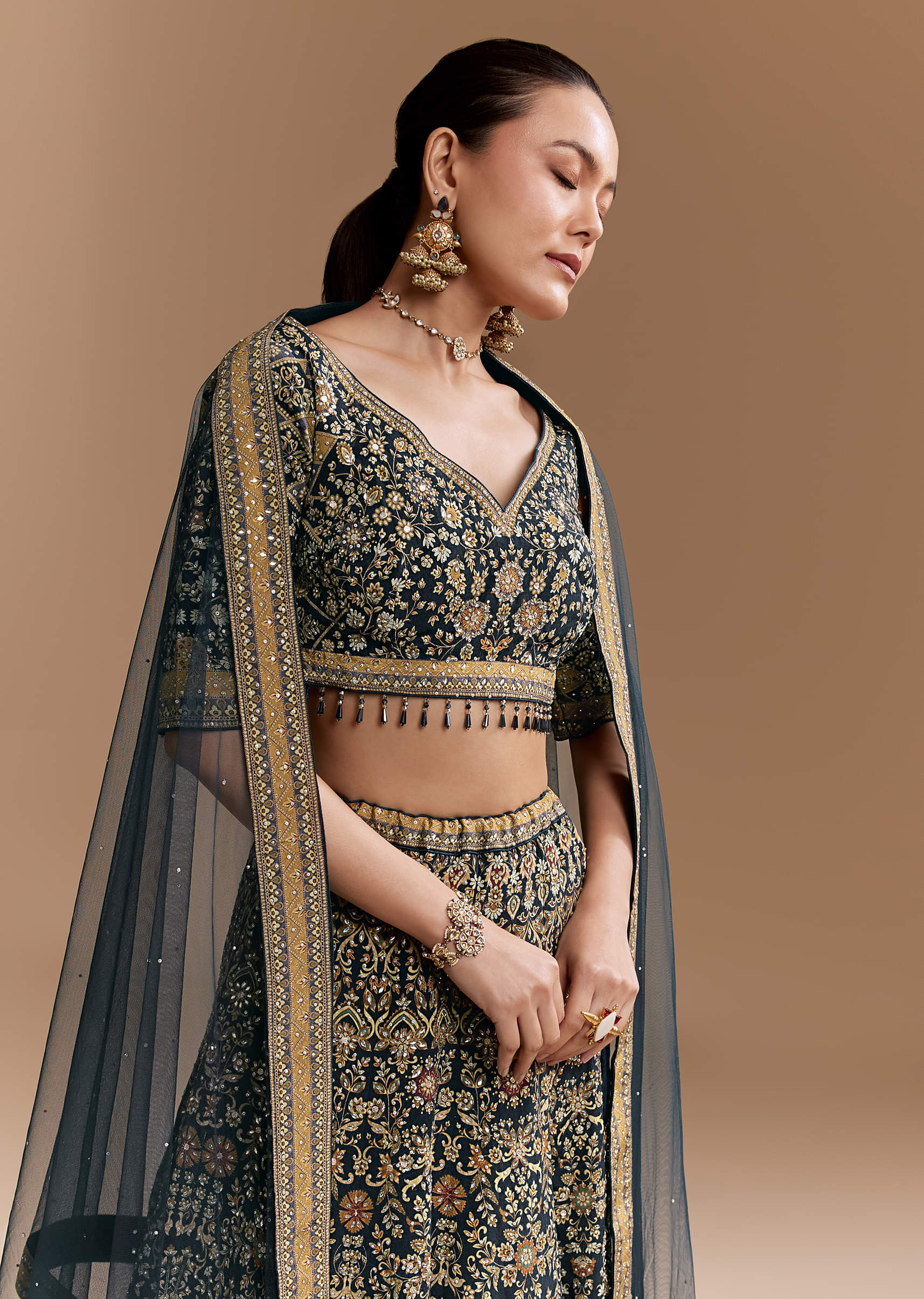 Black Floral Print Silk Lehenga Set with Dupatta - Image 5