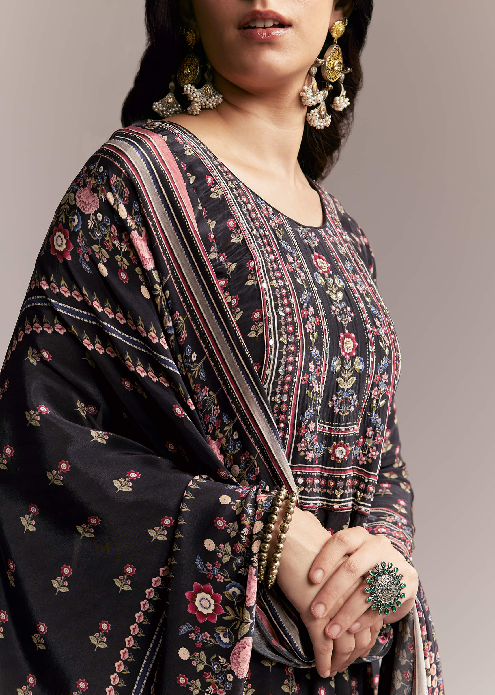 Black Floral Printed Anarkali Set - Image 2
