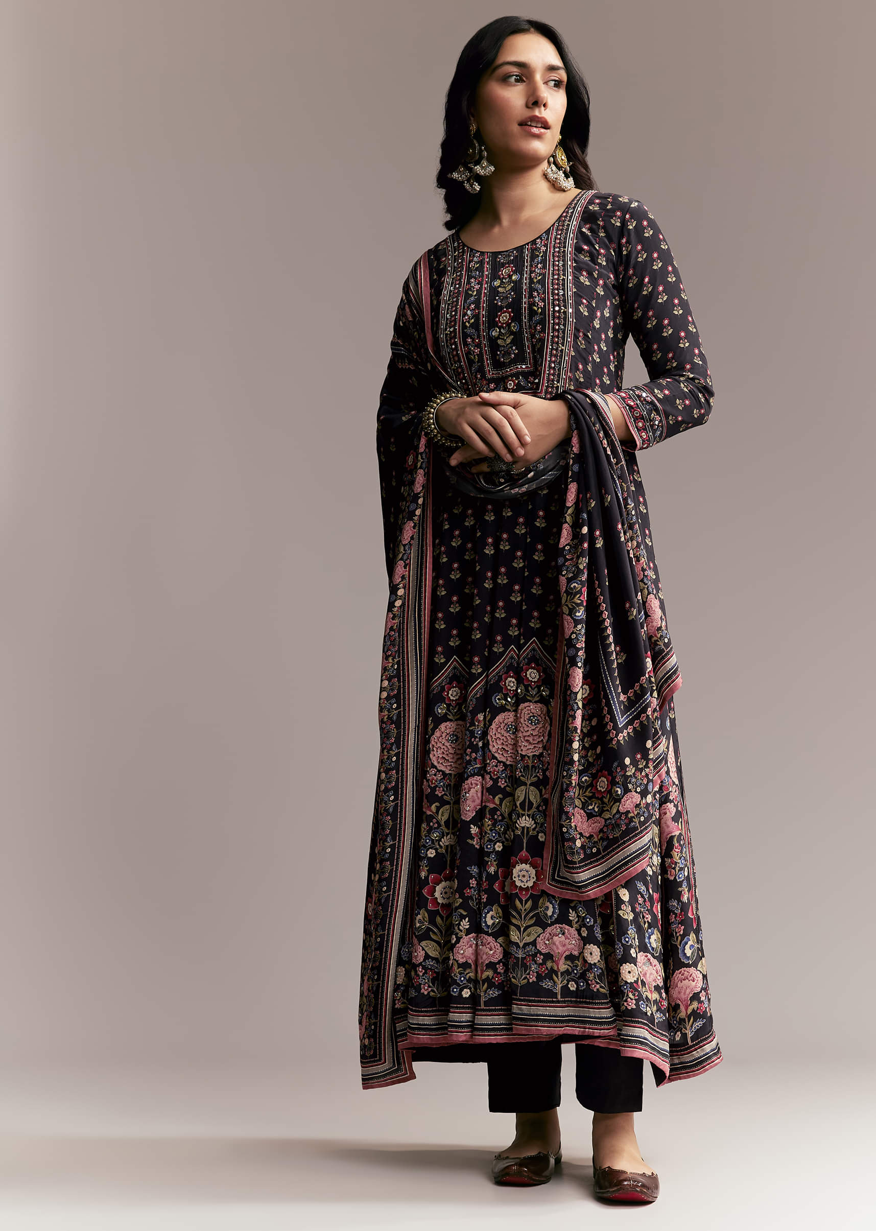 Black Floral Printed Anarkali Set - Image 3